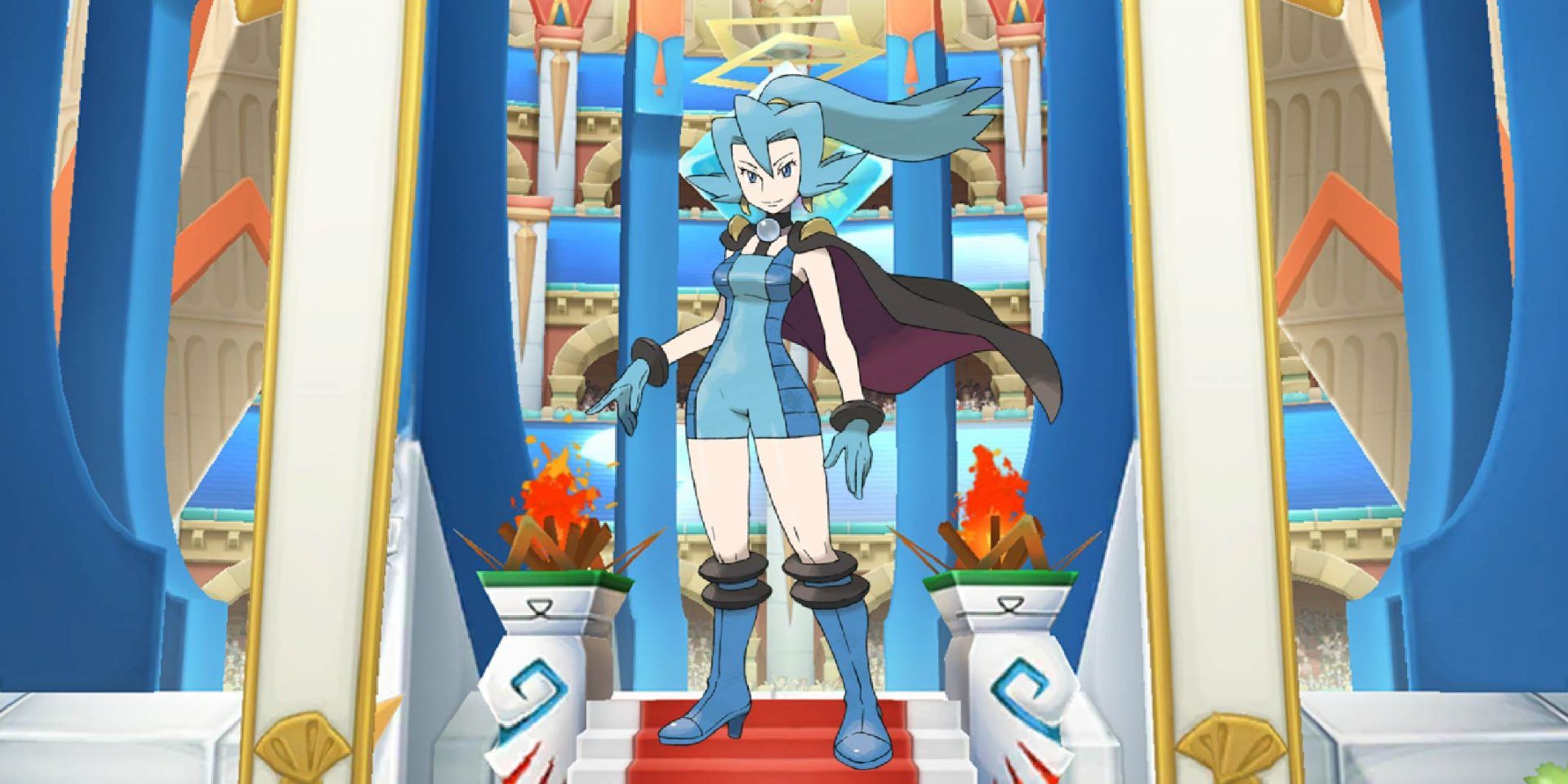 Clair from Pokémon standing against an arena backdrop.