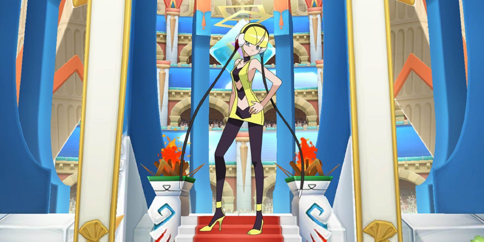 Elesa from Pokémon standing against an arena backdrop.