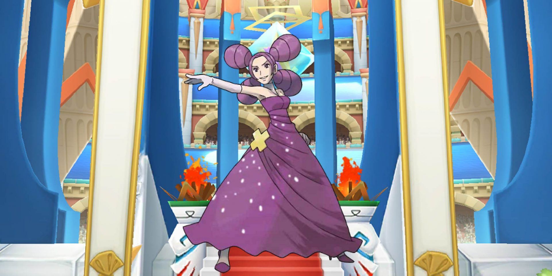 Fantina from Pokémon standing against an arena backdrop.