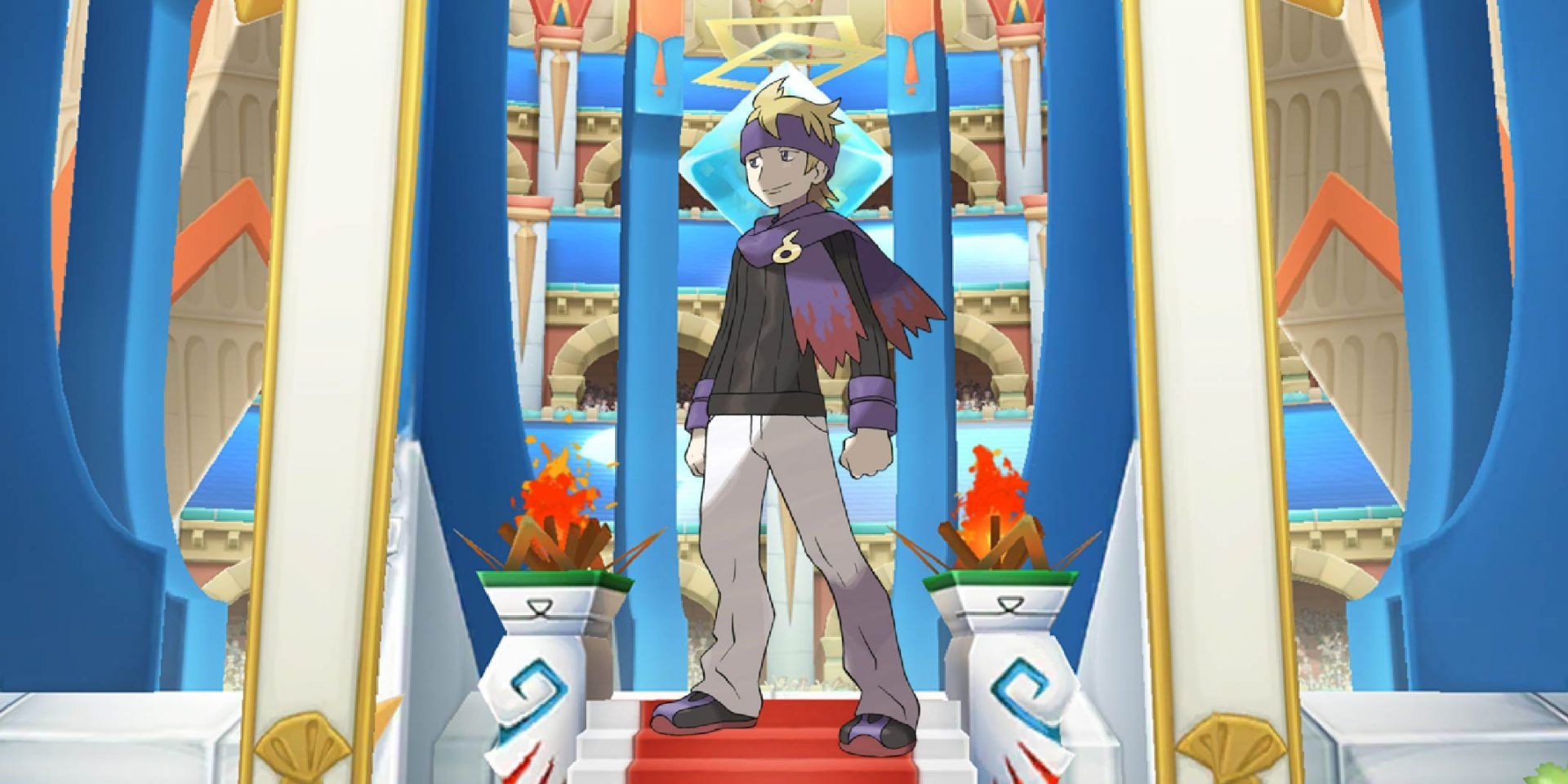 Morty from Pokémon standing against an arena backdrop.