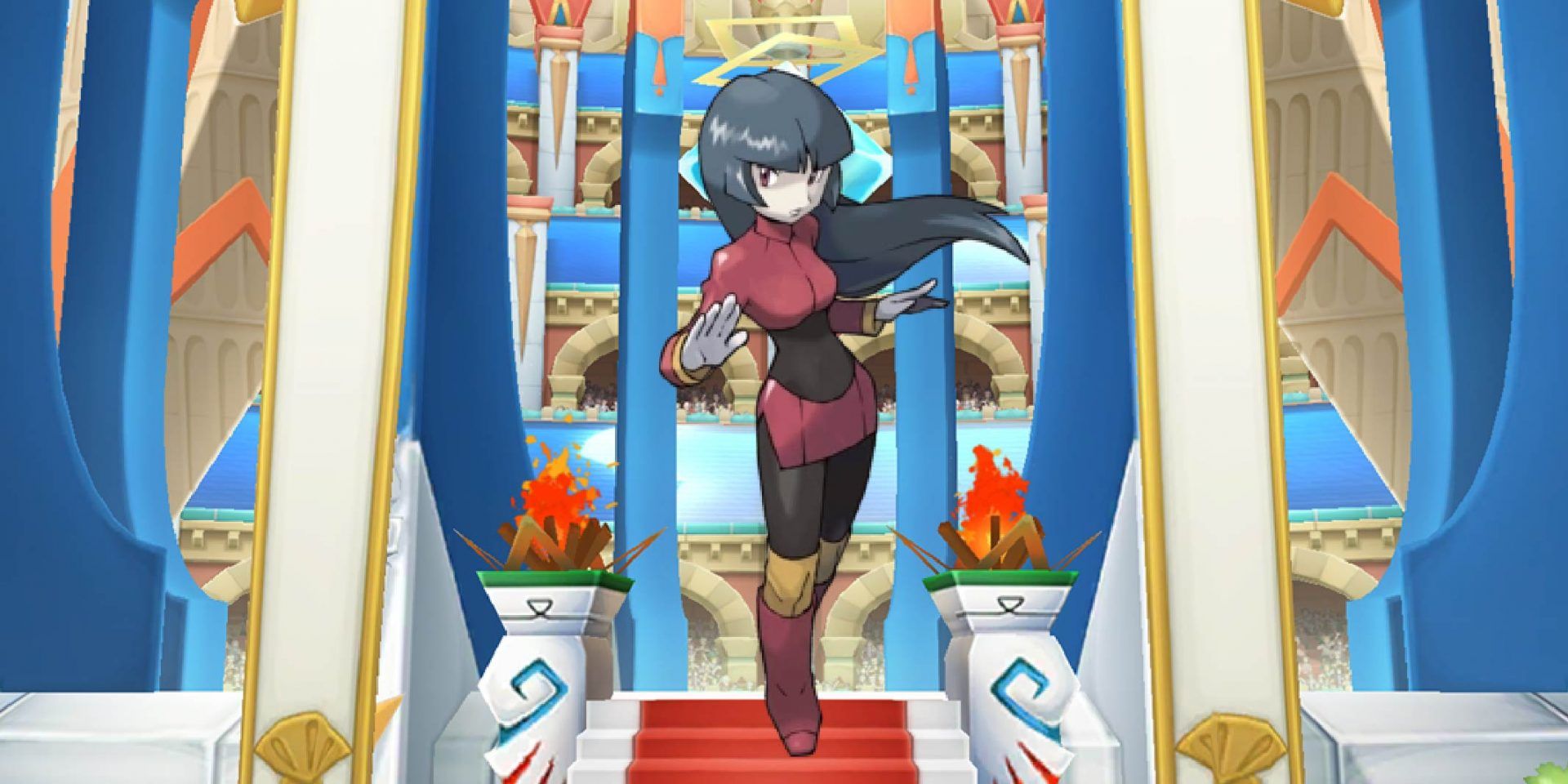 Sabrina from Pokémon standing against an arena backdrop.
