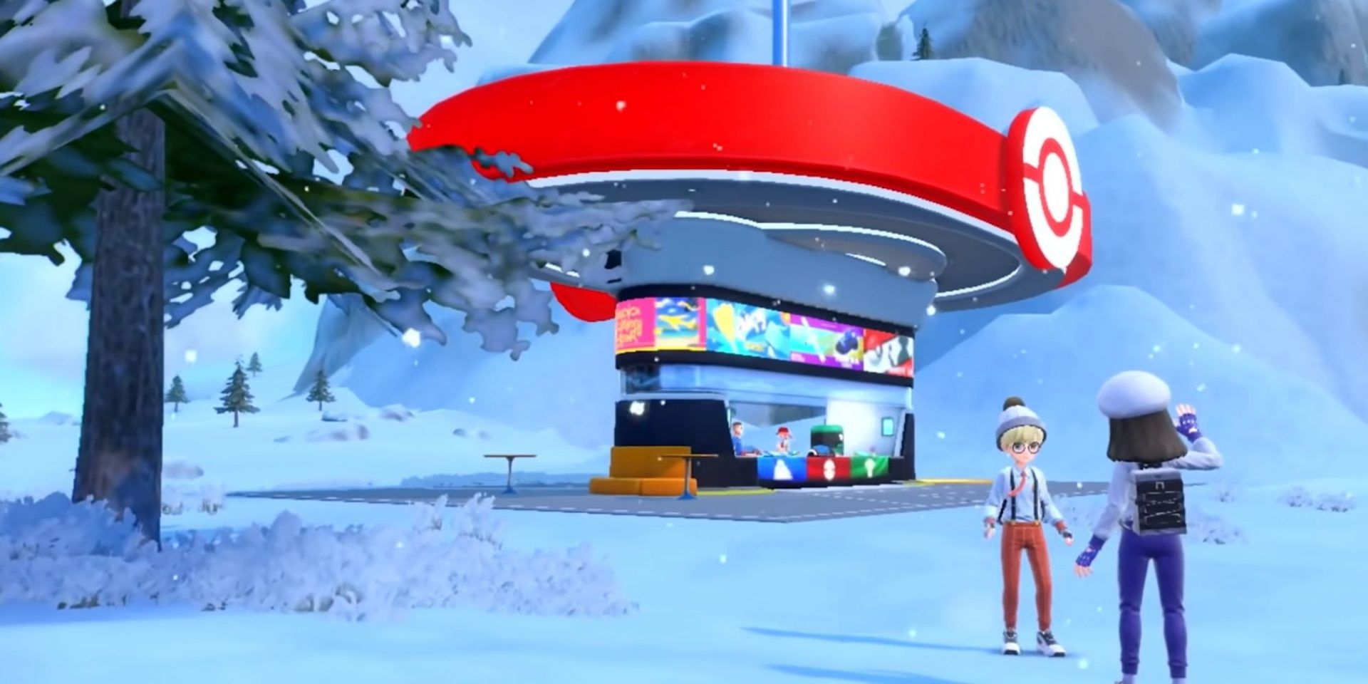 A screenshot from the second trailer of Pokémon Scarlet & Violet that features a Pokémon centre and two characters.