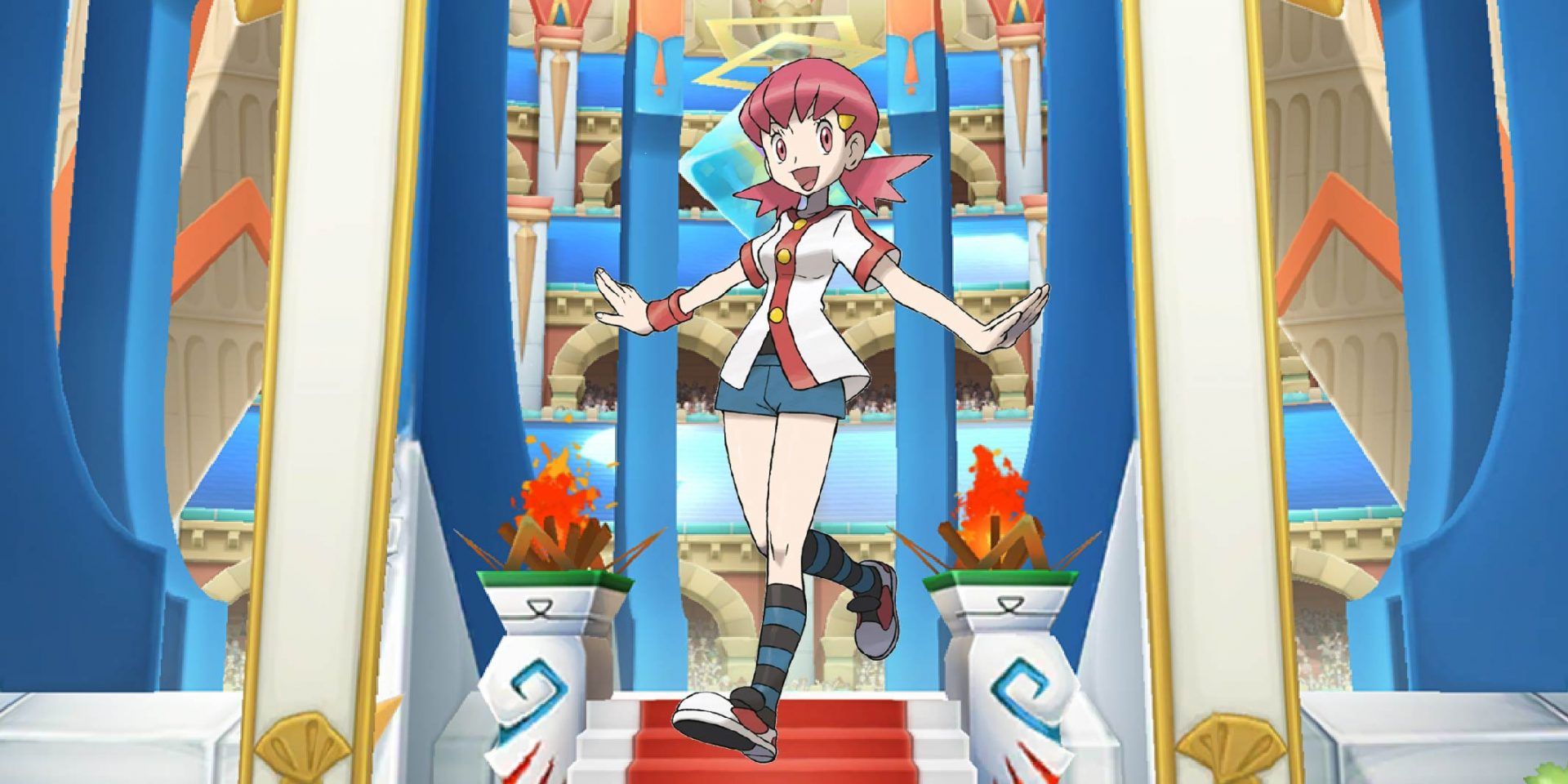 Whitney from Pokémon standing against an arena backdrop.
