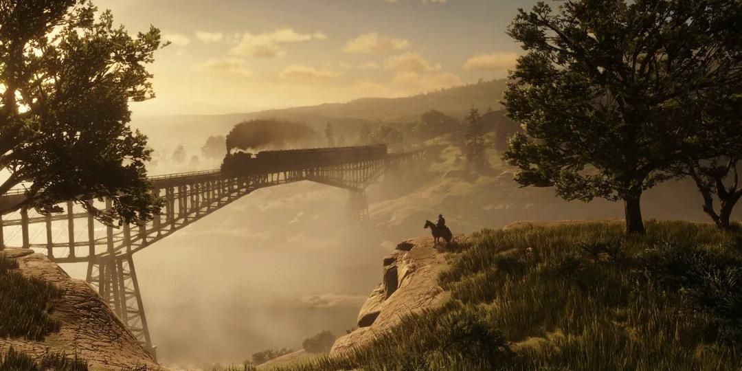A scenic vista featuring a railroad bridge and train in Red Dead Redemption 2.