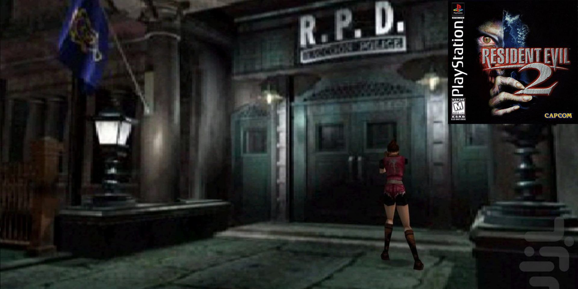 Screenshot from Resident Evil 2 PS1, with the game's cover in the top right corner.