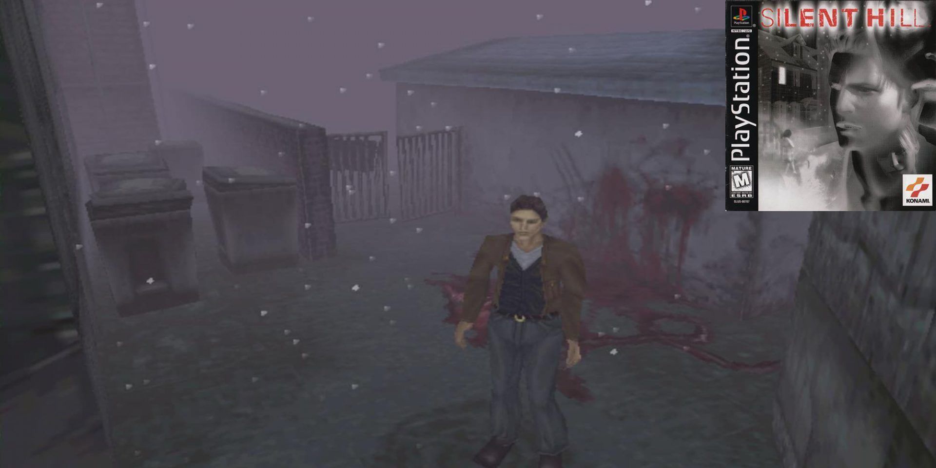 Screenshot from Silent Hill PS1, with the game's cover in the top right corner.