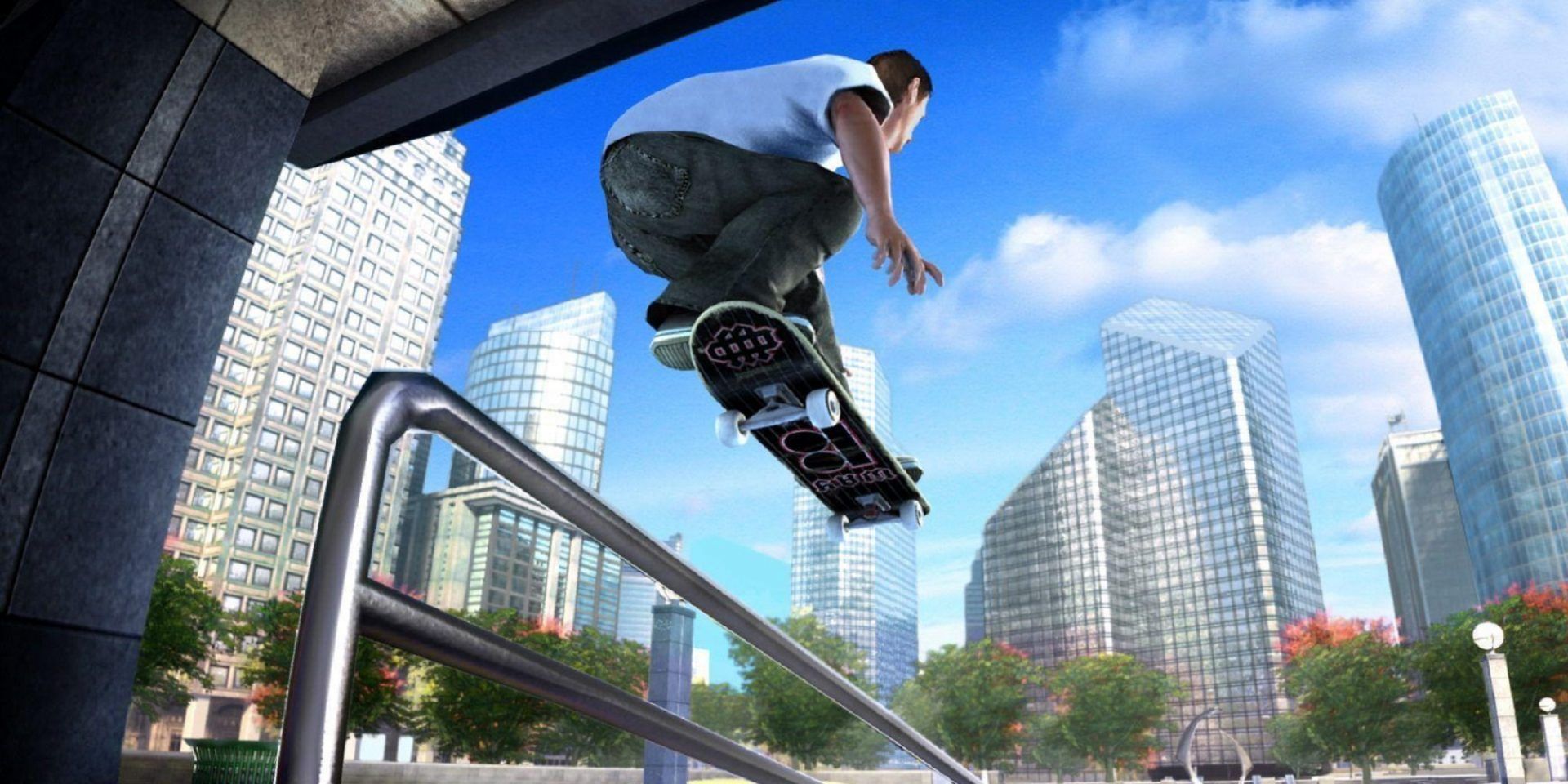EA Skate Pic Skateboarder Jumping On Rail Skyscraper Background