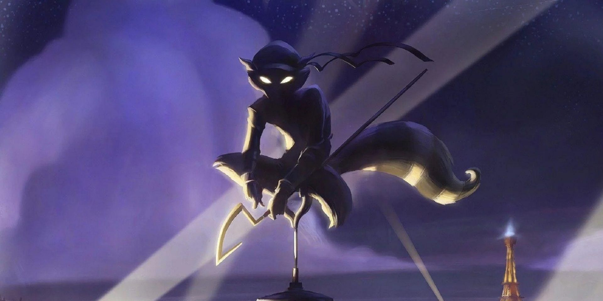 Sly Cooper Silhouette Crouching Atop A Building
