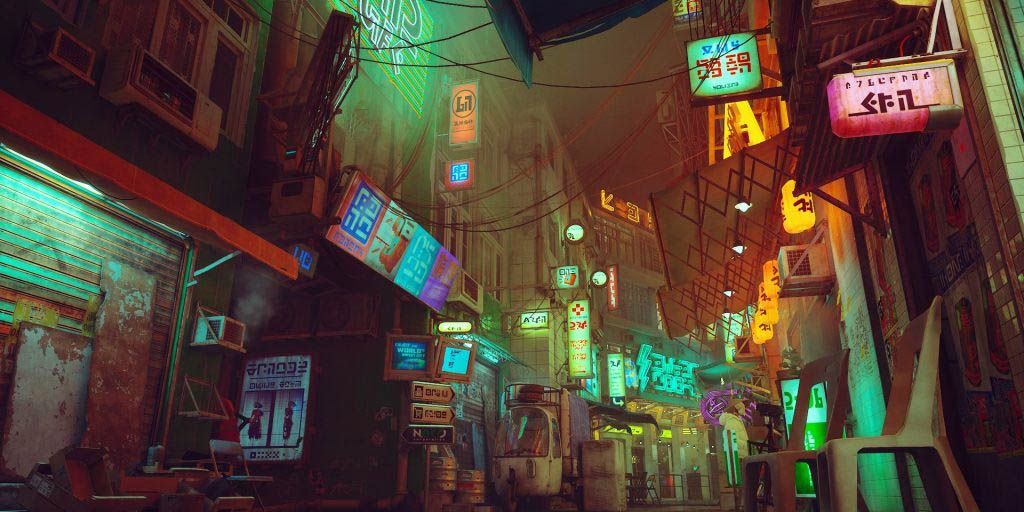 Picture of busy street in Stray cluttered with neon signs and shops.