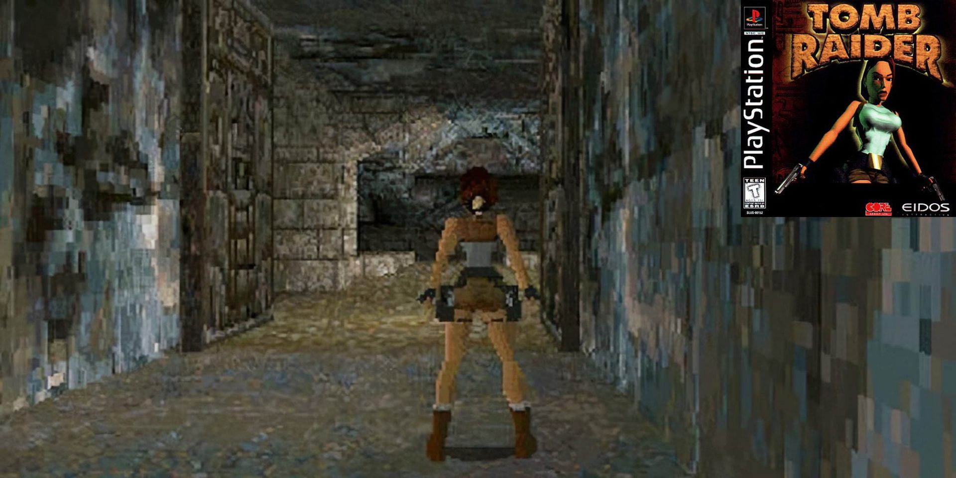 Screenshot from Tomb Raider PS1, with the game's cover in the top right corner.