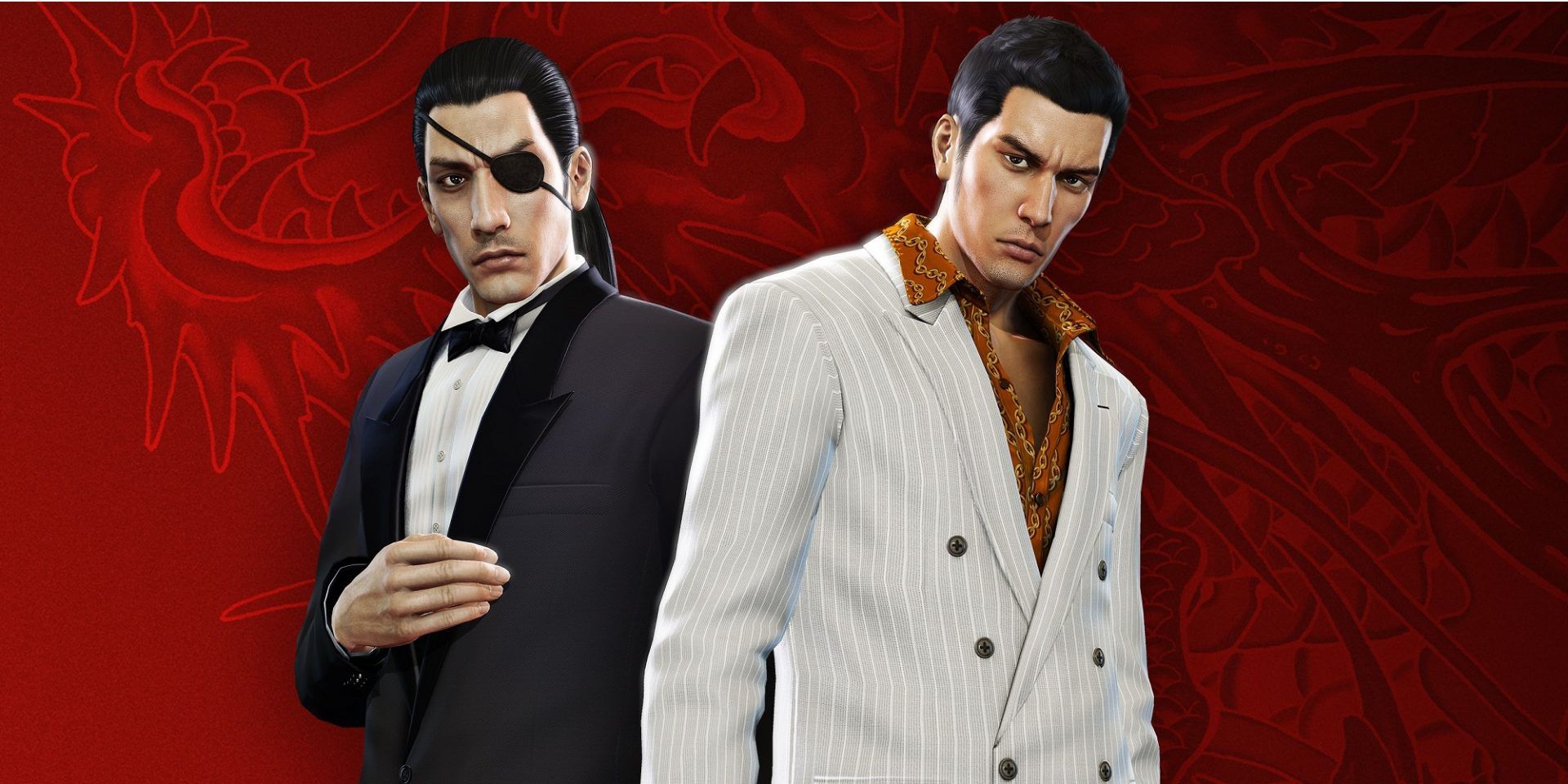 Yakuza 0 Banner Black Suit Man On Left White Suit On Right