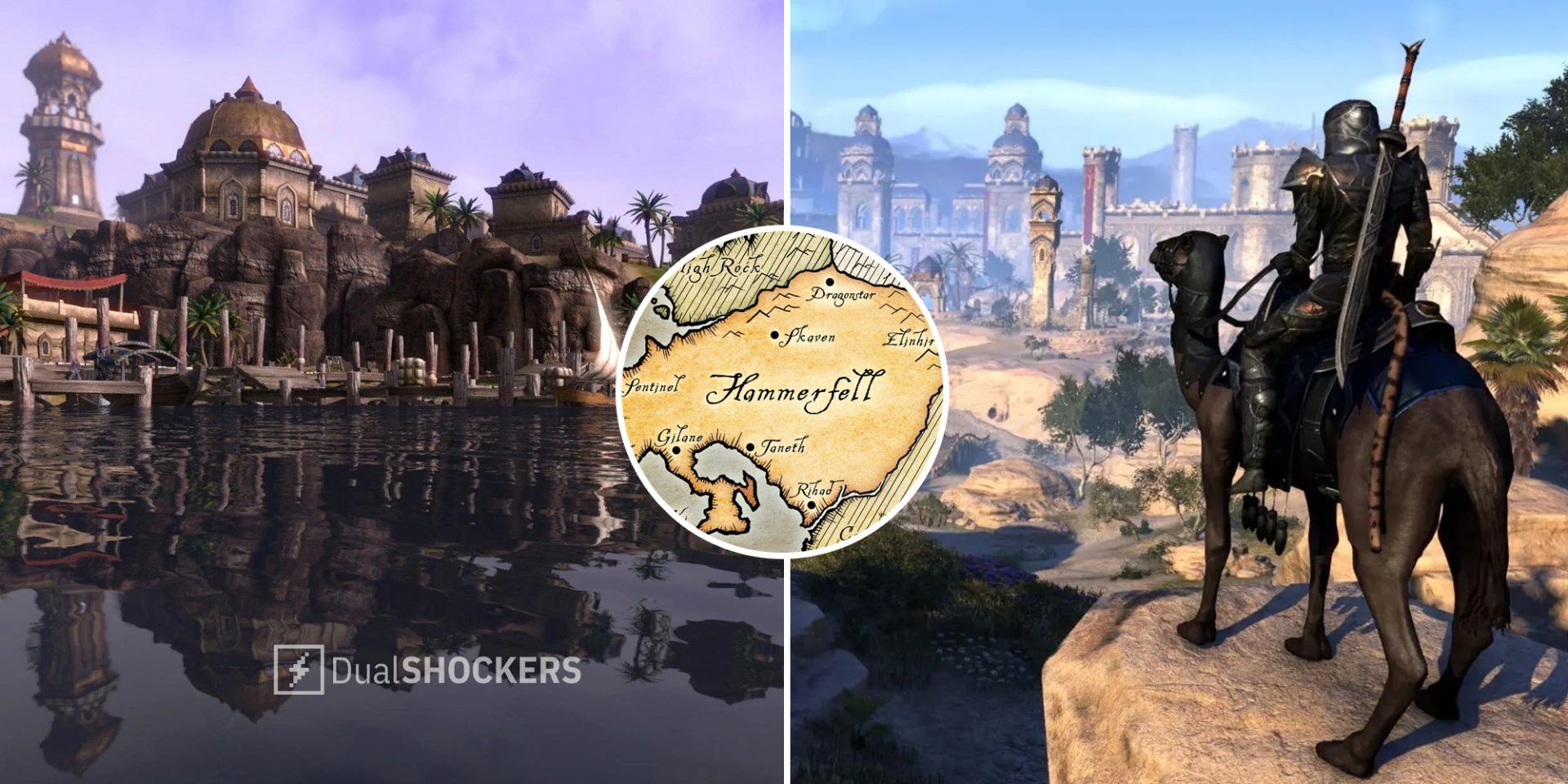 Elder Scrolls Hammerfell Sentinel docks on left, Hammerfell map in middle, player overlooking Hammerfell on right