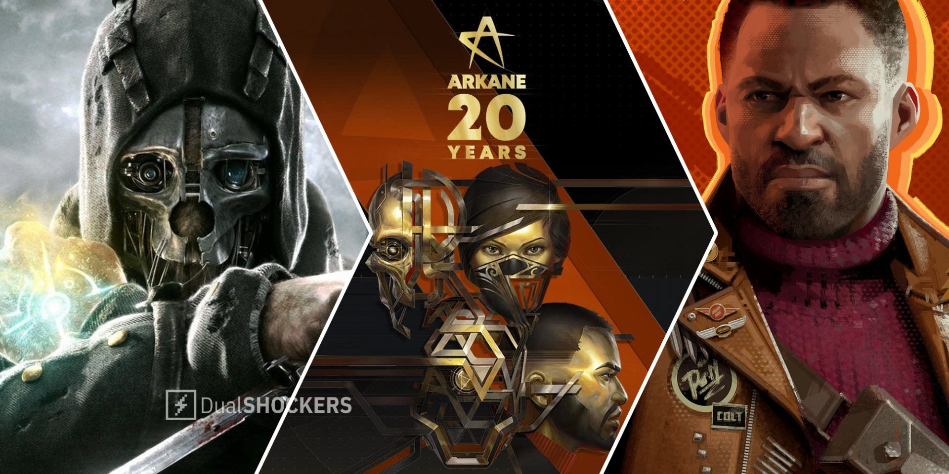 Dishonored on left, Arkane Studios 20 anniversary promo image in middle, Deathloop on right