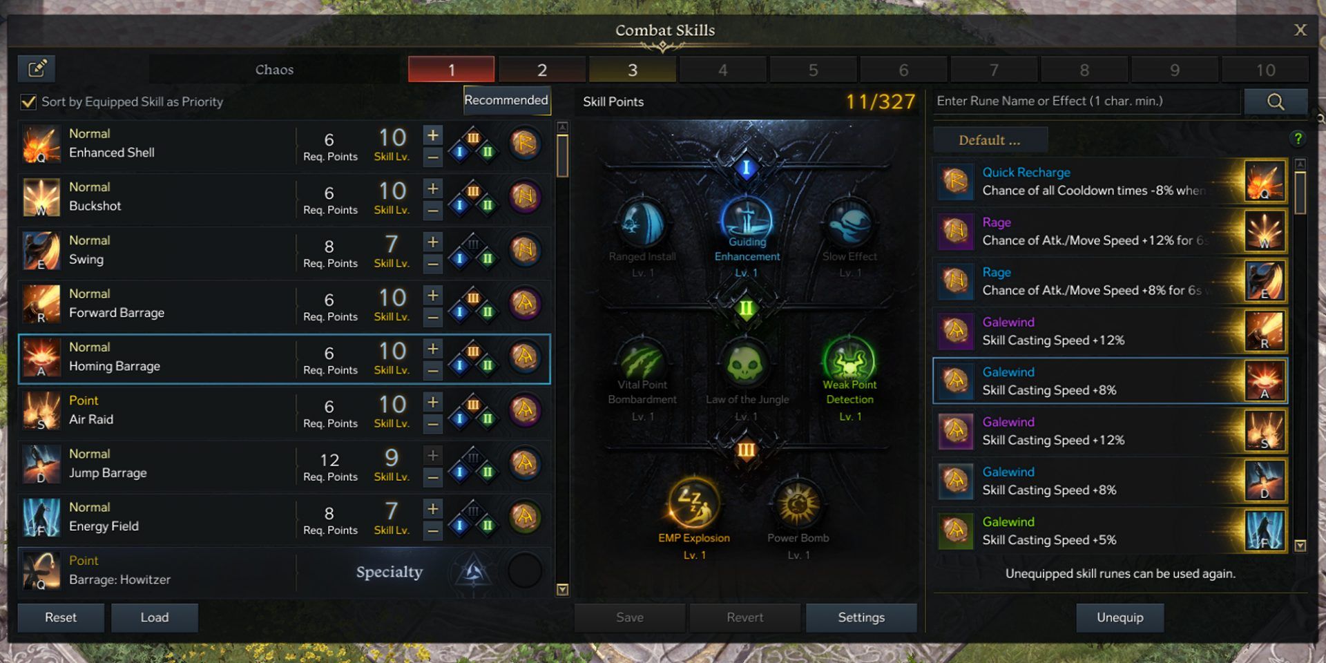 screenshot of artillerist skill menu for Chaos Dungeons in Lost Ark