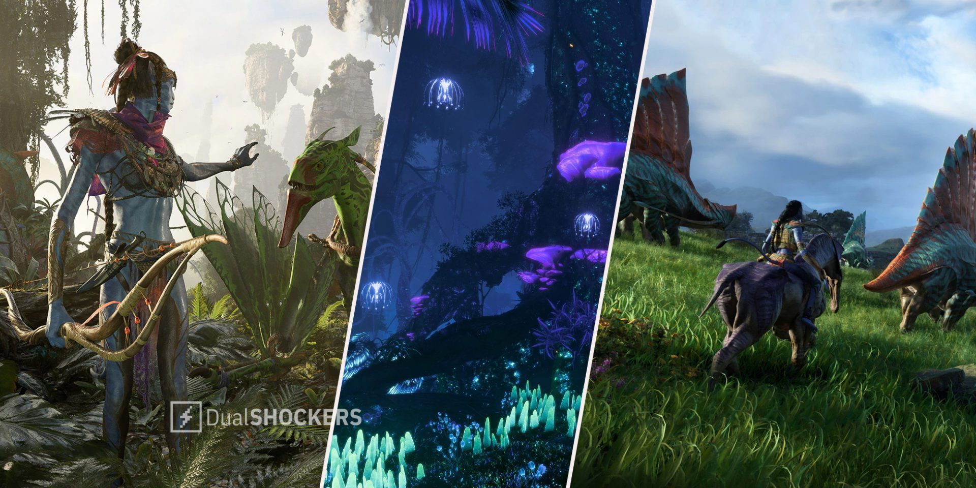 Avatar: Frontiers of Pandora promo image on left, Avatar: Frontiers of Pandora scenery in middle, Avatar: Frontiers of Pandora promo image character riding creature on right