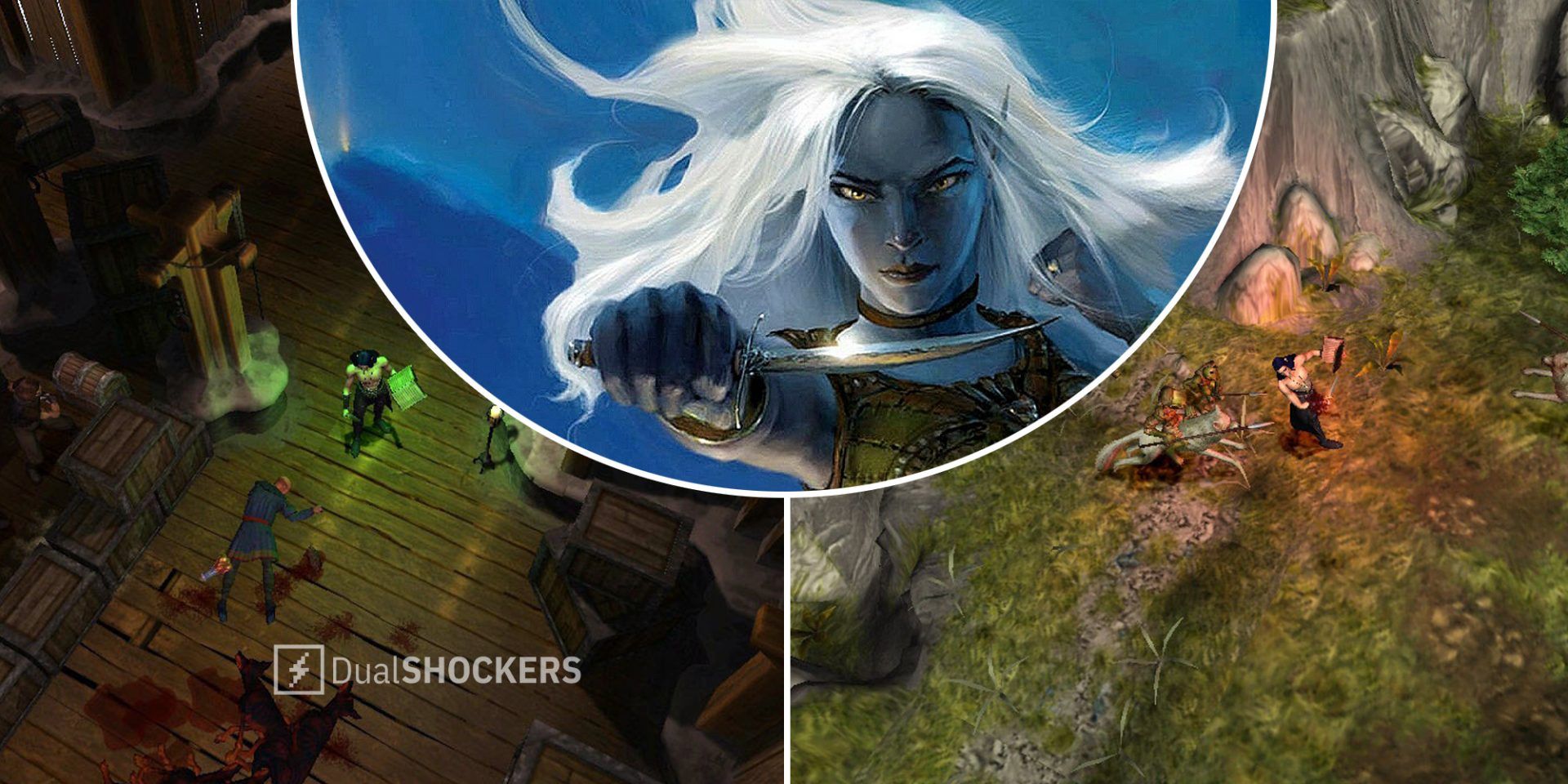 Baldur's Gate: Dark Alliance 2 gameplay on left and right, Baldur's Gate: Dark Alliance 2 cover art in middle