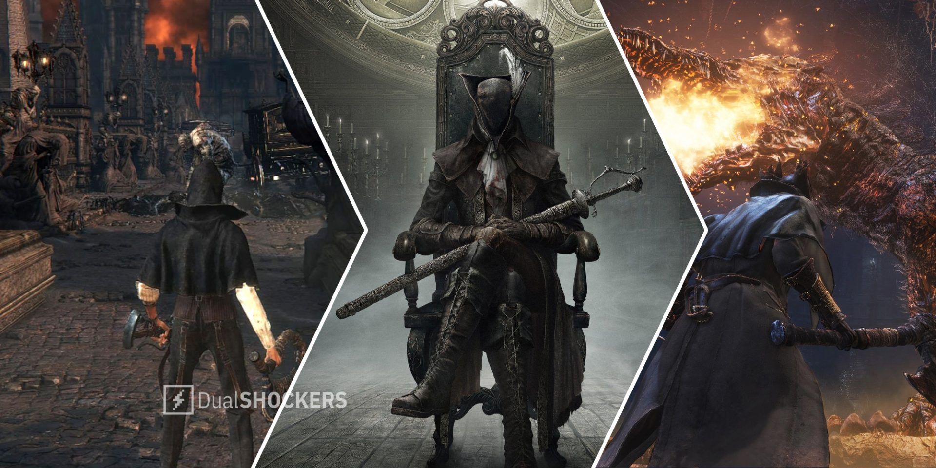 Bloodborne player on left, Bloodborne promo image in middle, player facing a boss on right