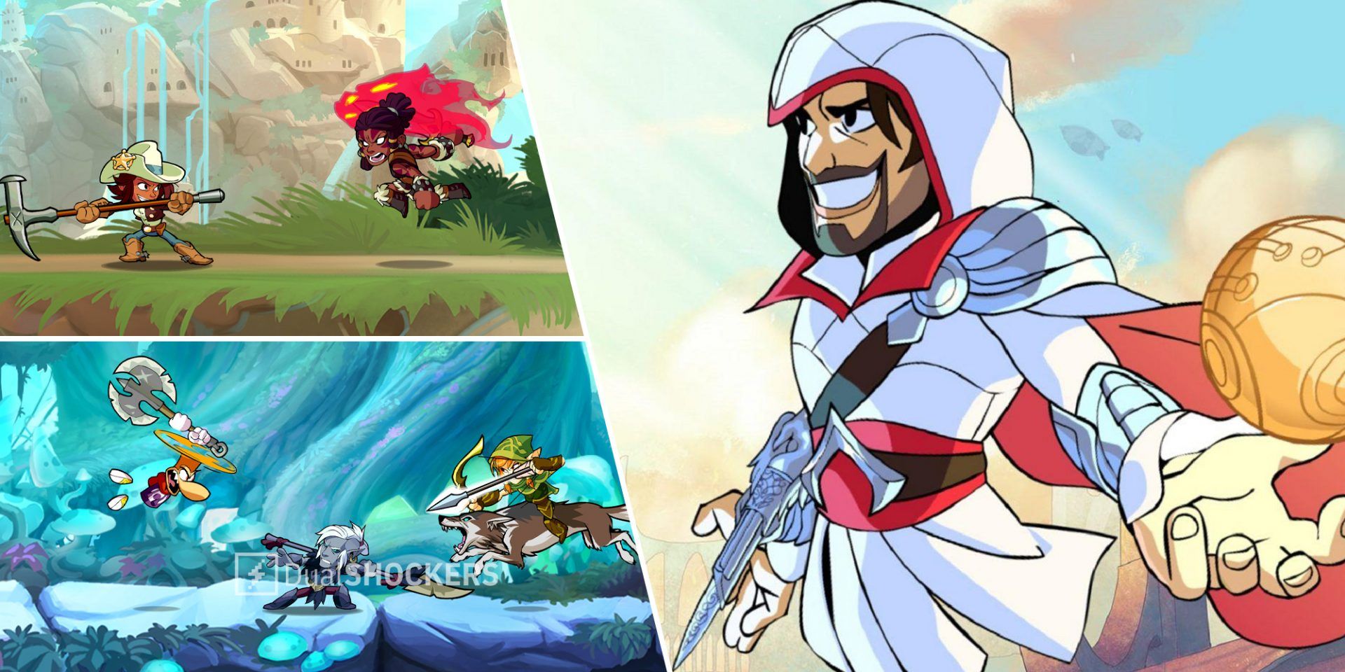 Brawlhalla characters fighting on left top and bottom, Ezio from Assassin's Creed on right