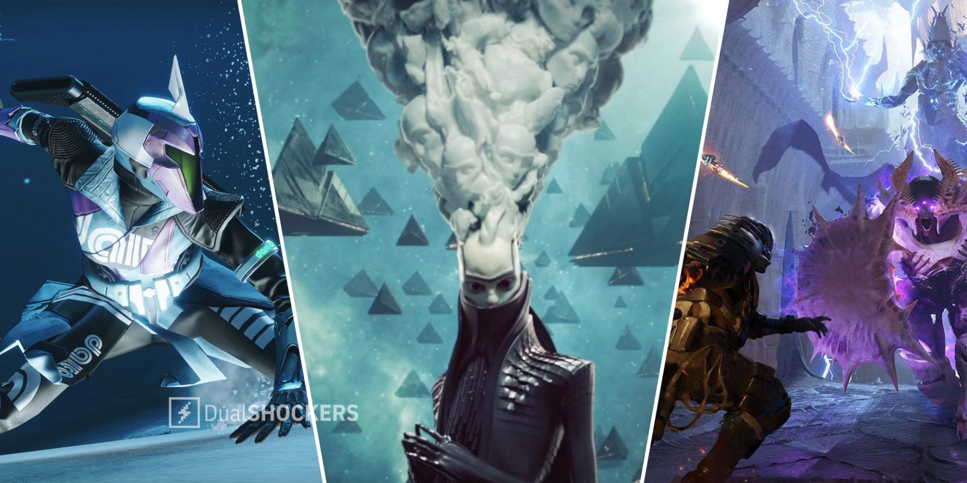 Destiny 2 player on left, Destiny 2 Lightfall teaser trailer screenshot in middle, Destiny 2 battle on right