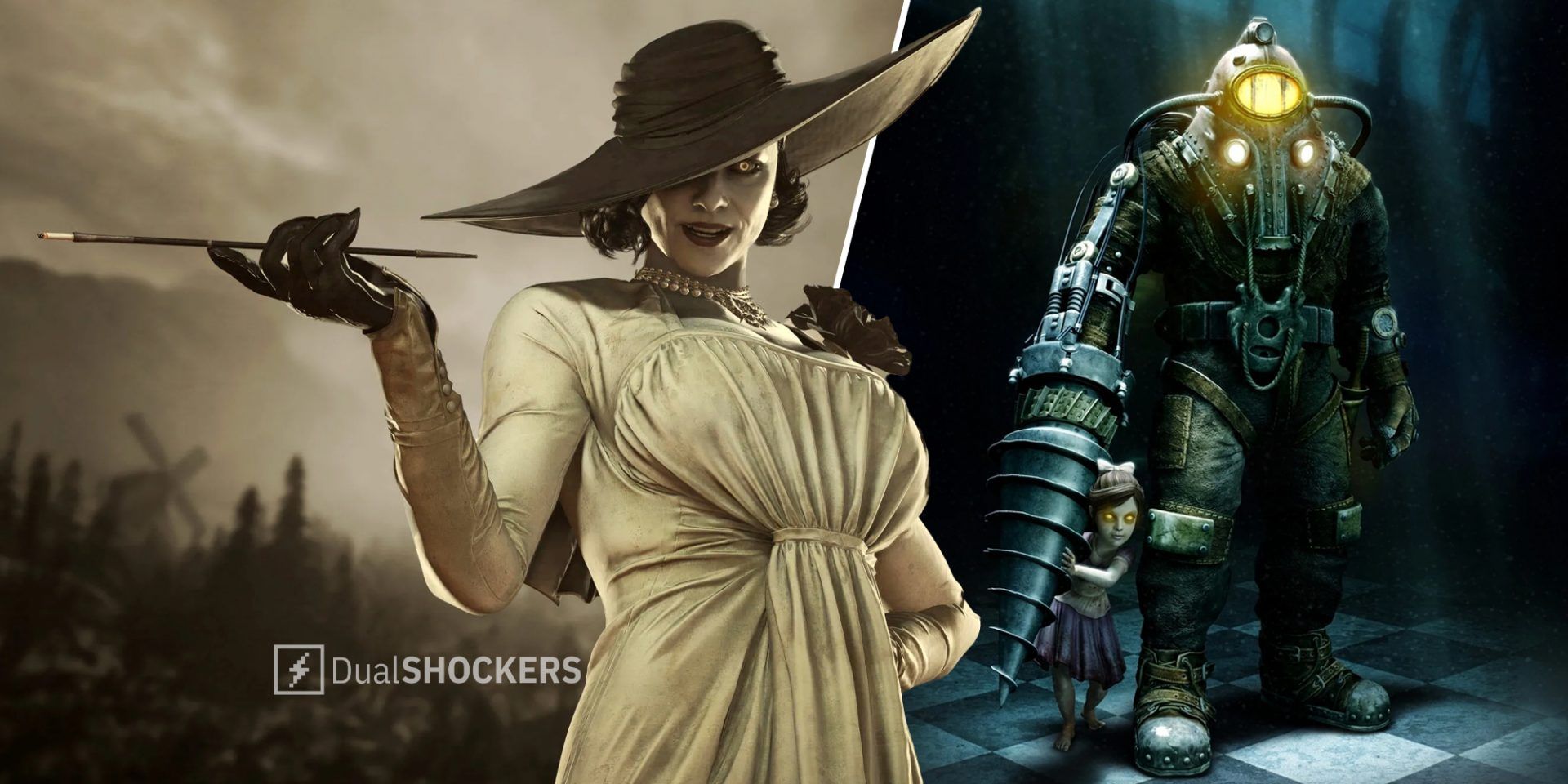 Resident Evil Village Lady Dimitrescu on left, Bioshock 2 Big Daddy on right