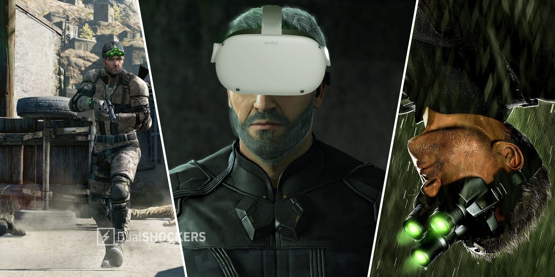 Splinter Cell Sam Fisher with gun on left, Sam Fisher with Oculus VR in middle, Sam with night vision goggles on right