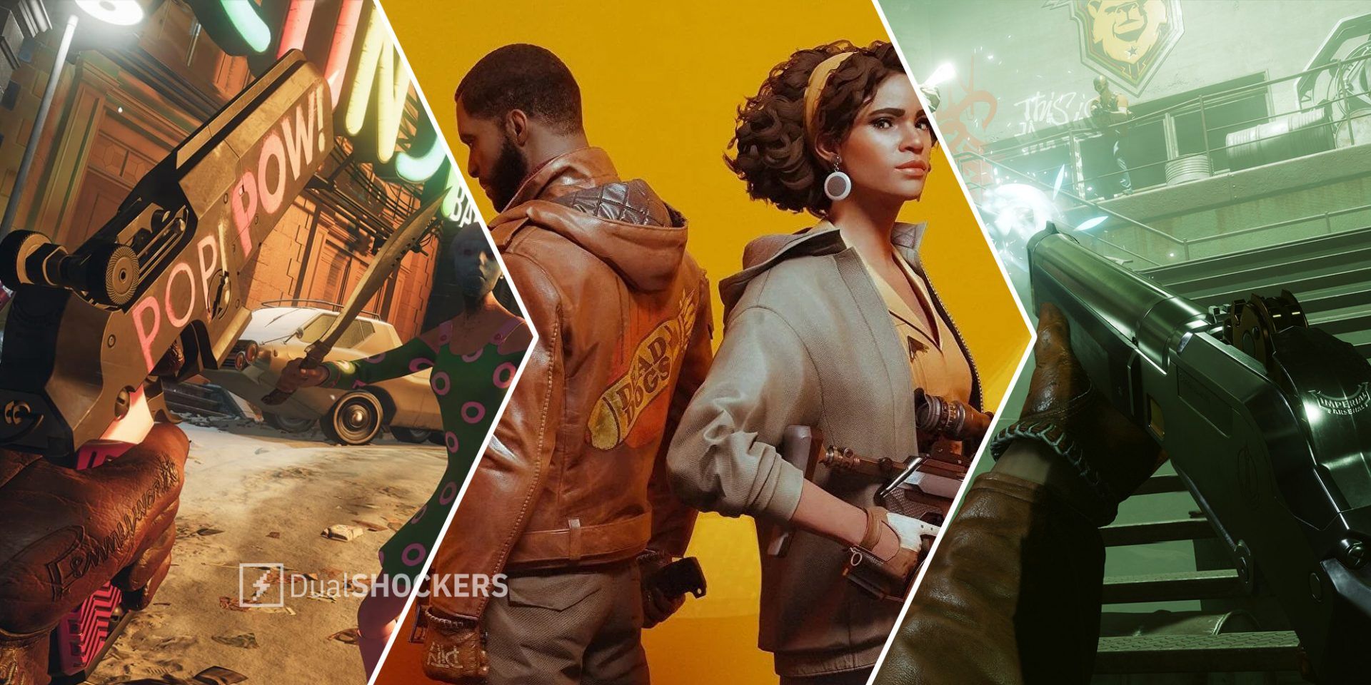Deathloop player with pistol on left, Deathloop promo image with Colt Vahn and Julianna Blake in middle, player with gun on right