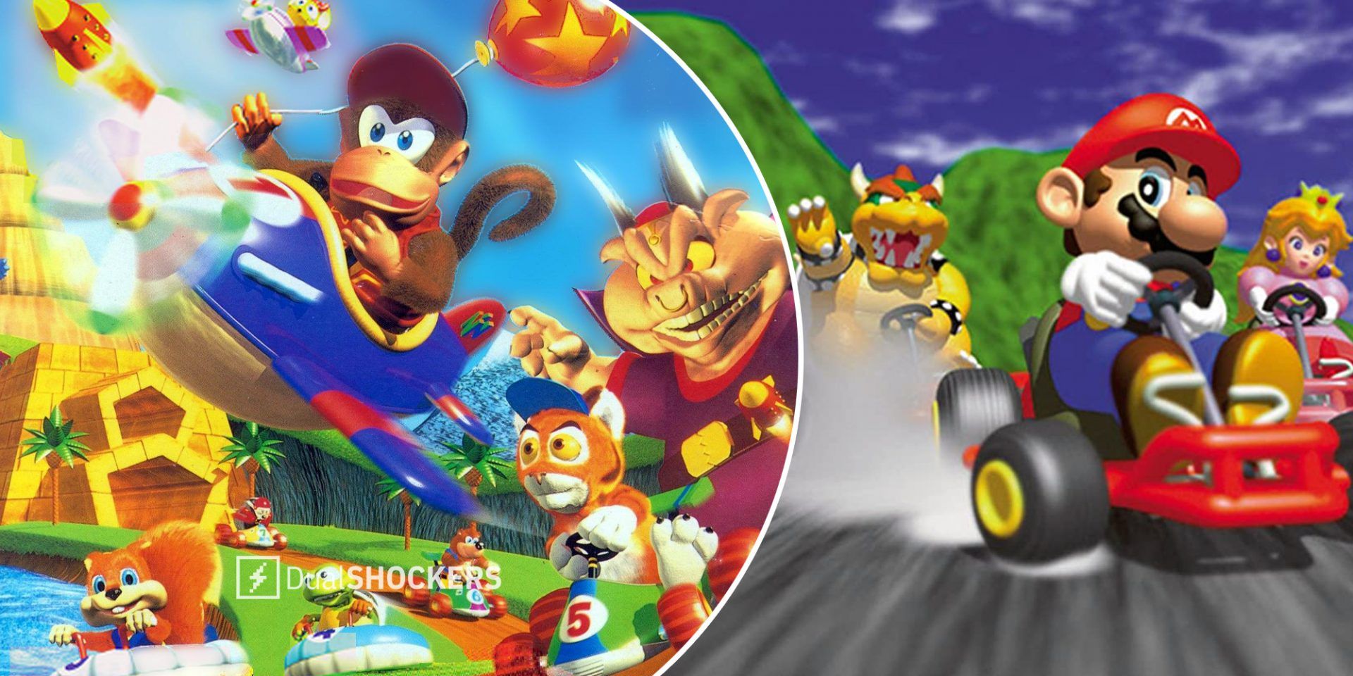 Diddy Kong Racing on left, Mario Kart 64 on right
