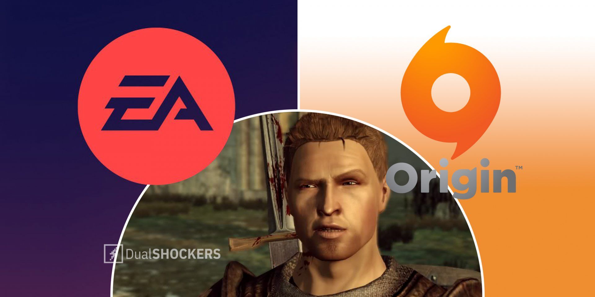 EA App logo on left, Dragon Age Alistair in middle, Origin logo on right