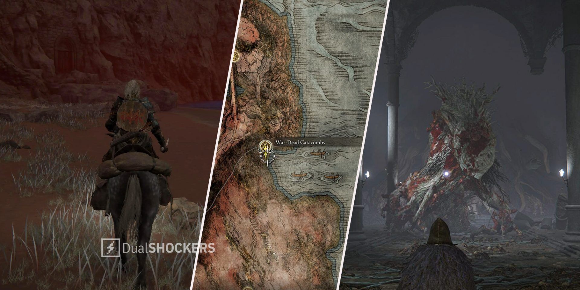 Elden Ring player in front of War-Dead Catacombs on left, War-Dead Catacombs on map in middle, Putrid Tree Spirit boss on right