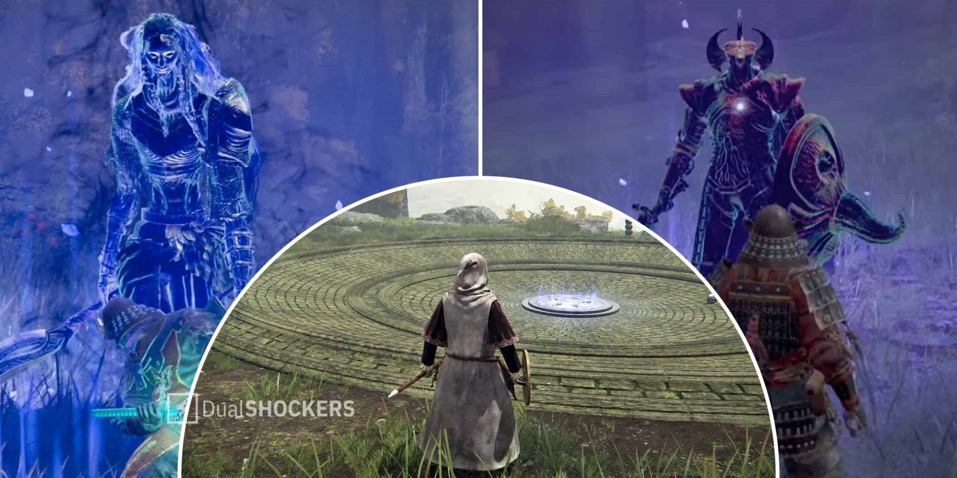 Elden Ring Ancient Hero of Zamor on left, player standing in front of an evergaol in middle, Crucible Knight on right