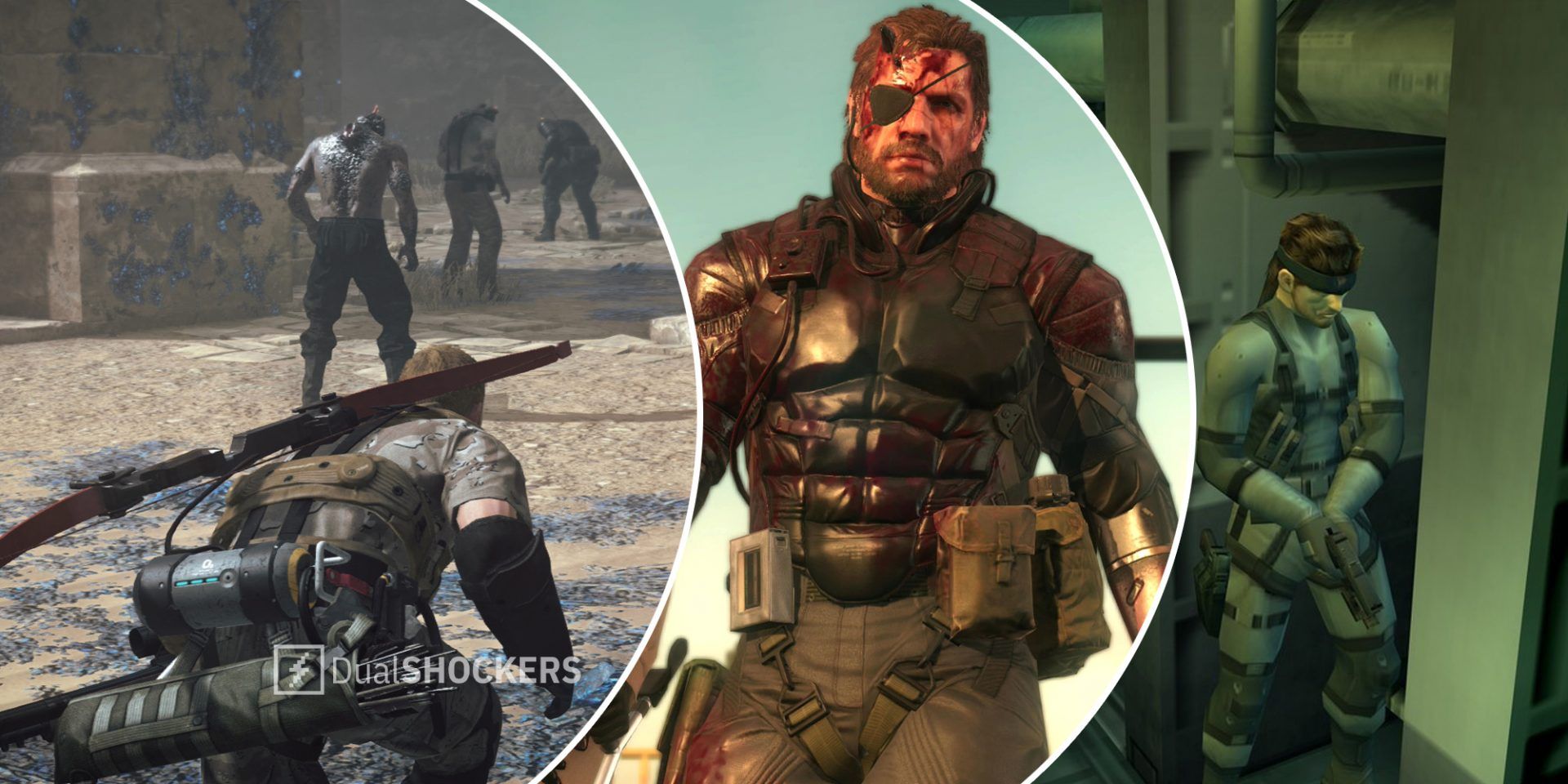 Metal Gear Survive on left, Metal Gear Solid V: The Phantom Pain in middle, Metal Gear Solid 2 on right