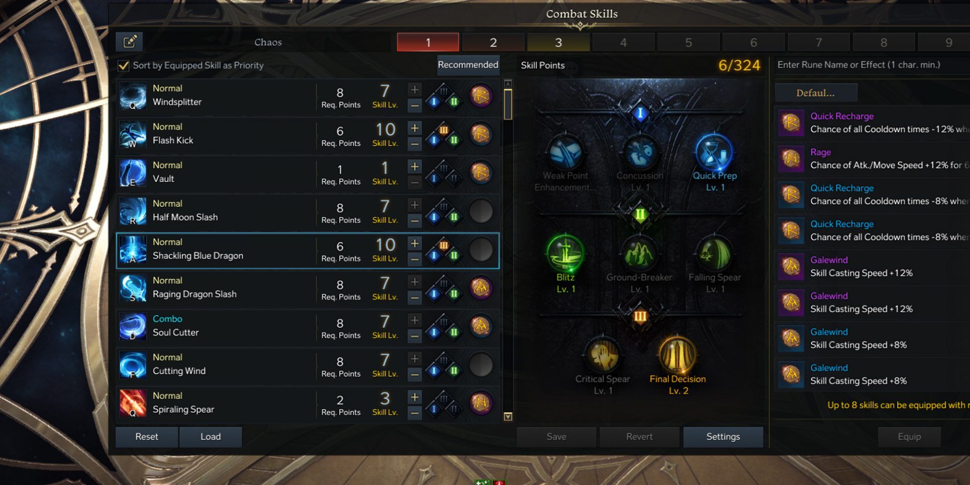 In-game screenshot of Glaivier skill selection for Chaos Dungeons in Lost Ark