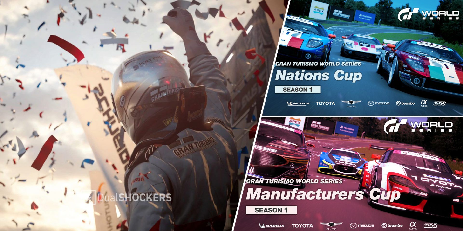Gran Turismo World Series 2022 Showdown celebration on left, Nations Cup on top right, Manufacturers Cup on bottom right