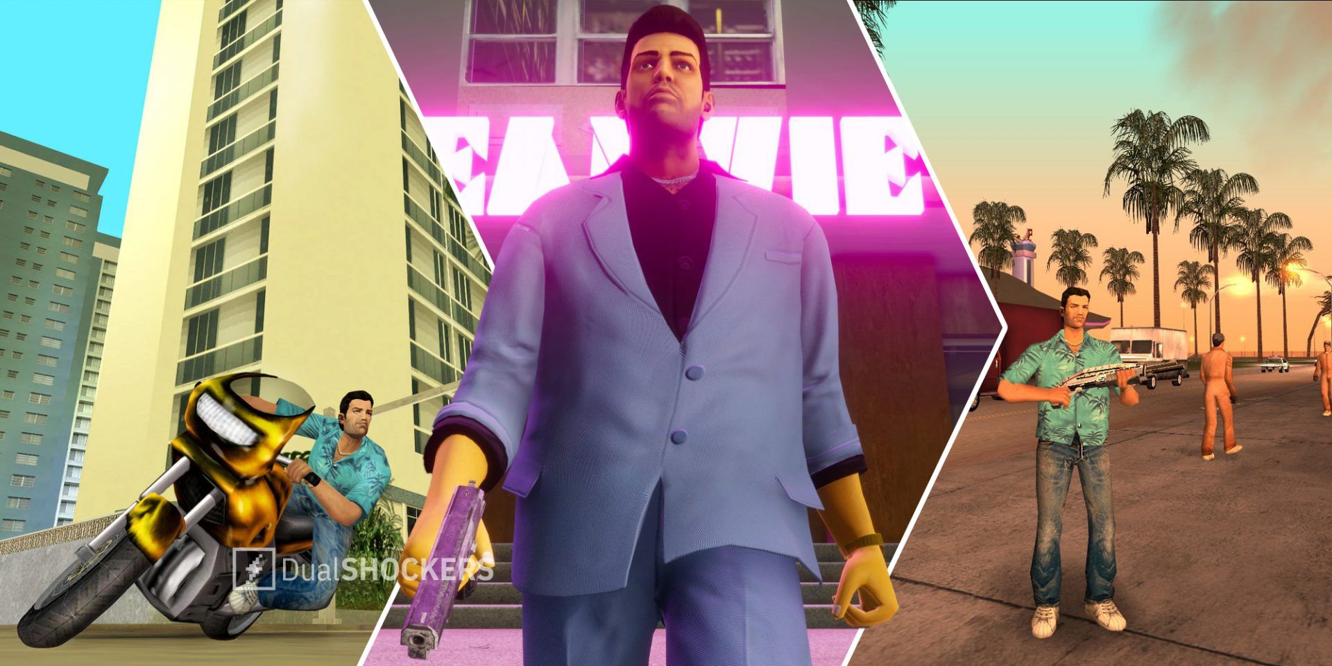 Grand Theft Auto Vice City Tommy Vercetti on a motorcycle on left, Tommy Vercetti with gun in middle, Tommy Vercetti with gun on a street lined with palm trees on right