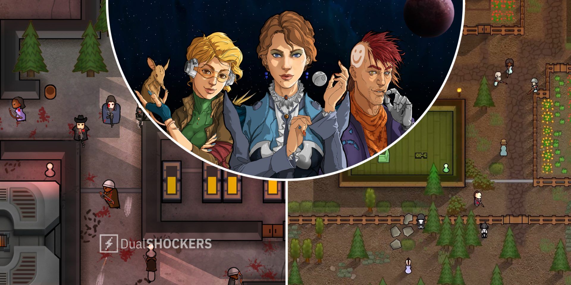 Rimworld screenshot on left and right, Rimworld characters in promo image in middle