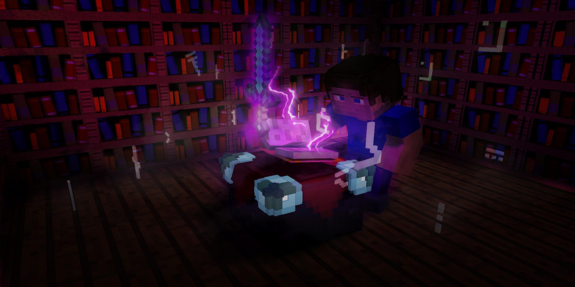 Minecraft enchanting, Steve using enchantment table, Minecraft wallpaper, library