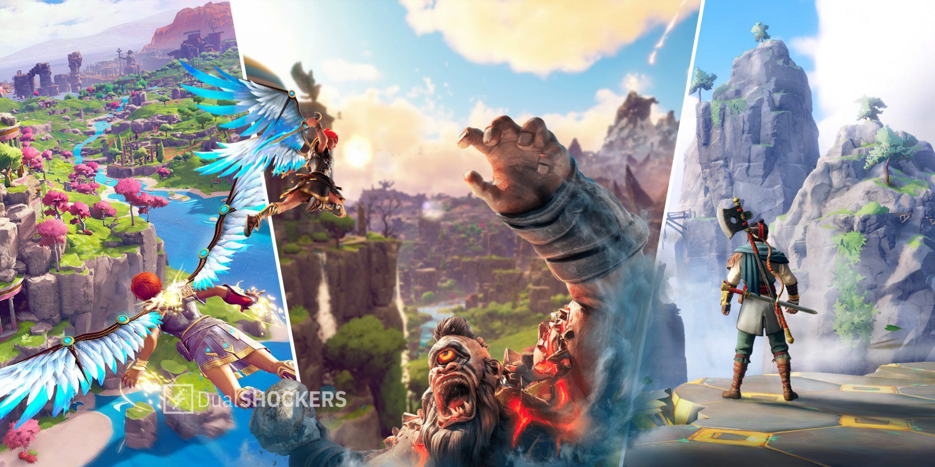 Immortals Fenyx Rising Fenyx flying in the air on left, Fenyx fighting a cyclops in middle, character looking at the landscape on right