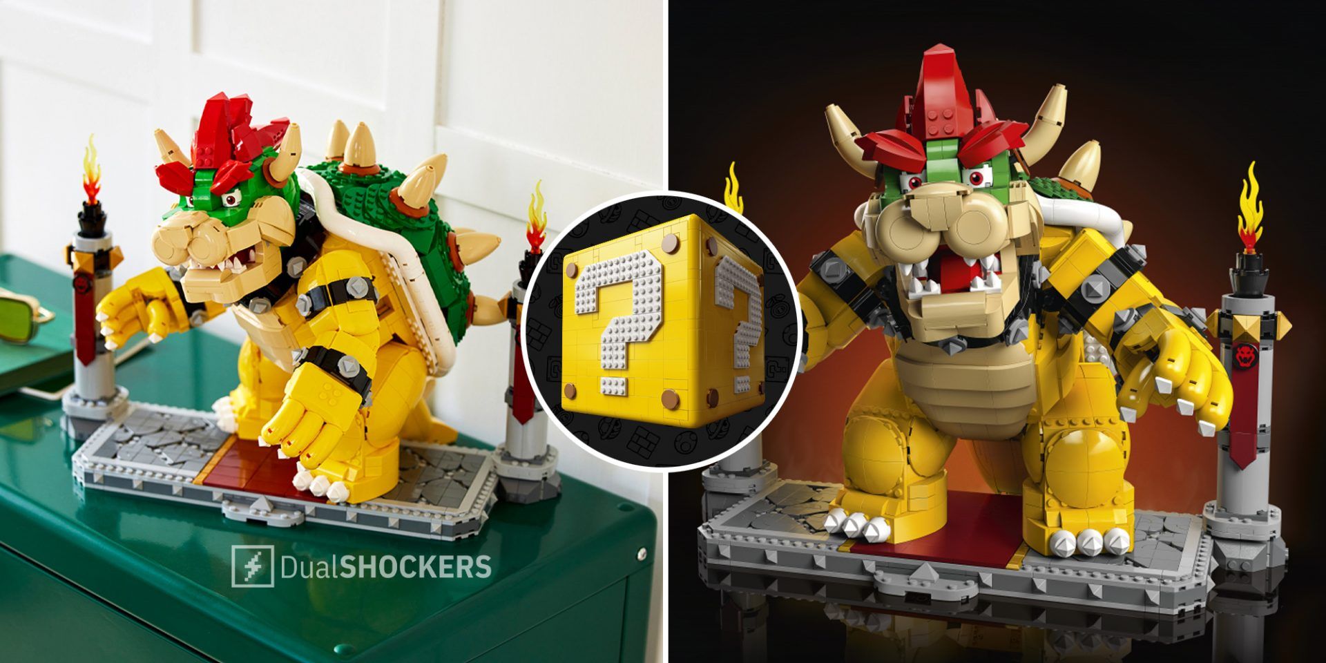 Lego Bowser set on left and right, Lego Question Block set in middle