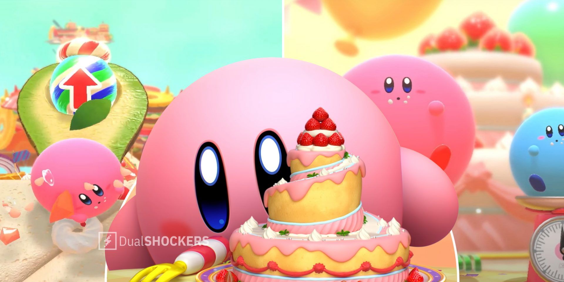 Kirby rolling on track on left, Kirby's Dream Buffet promo image Kirby with cake in middle, Kirby at end of race on right