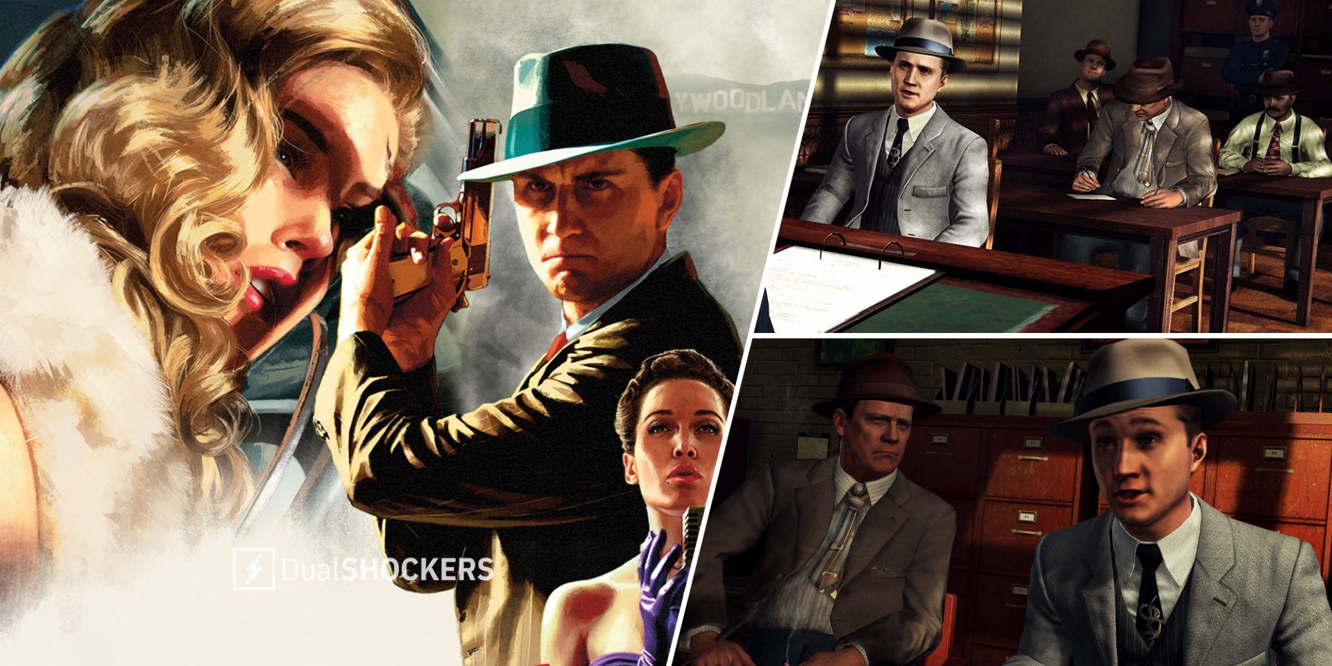 LA Noire promo image on left, Cole Phelps on top right, Cole Phelps in an interrogation on bottom right