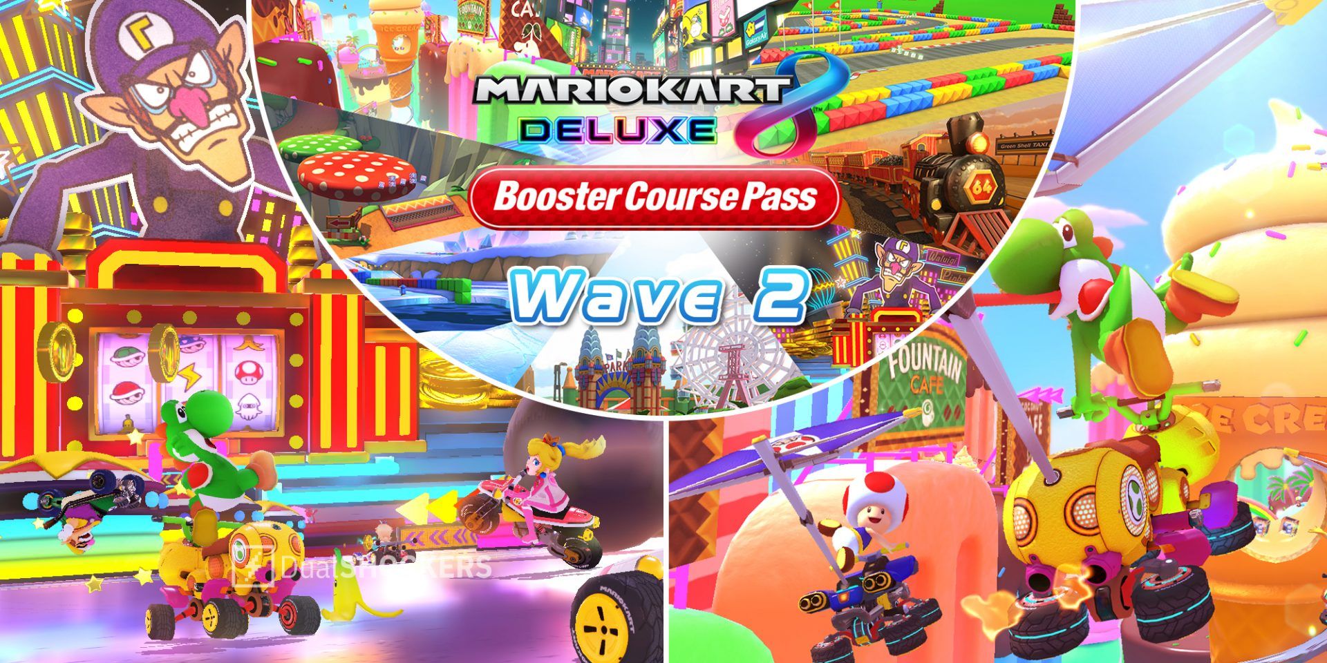 Mario Kart 8 Deluxe Waluigi Pinball course on left, Booster Pass Wave 2 promo in middle, Sky-High Sundae course on right
