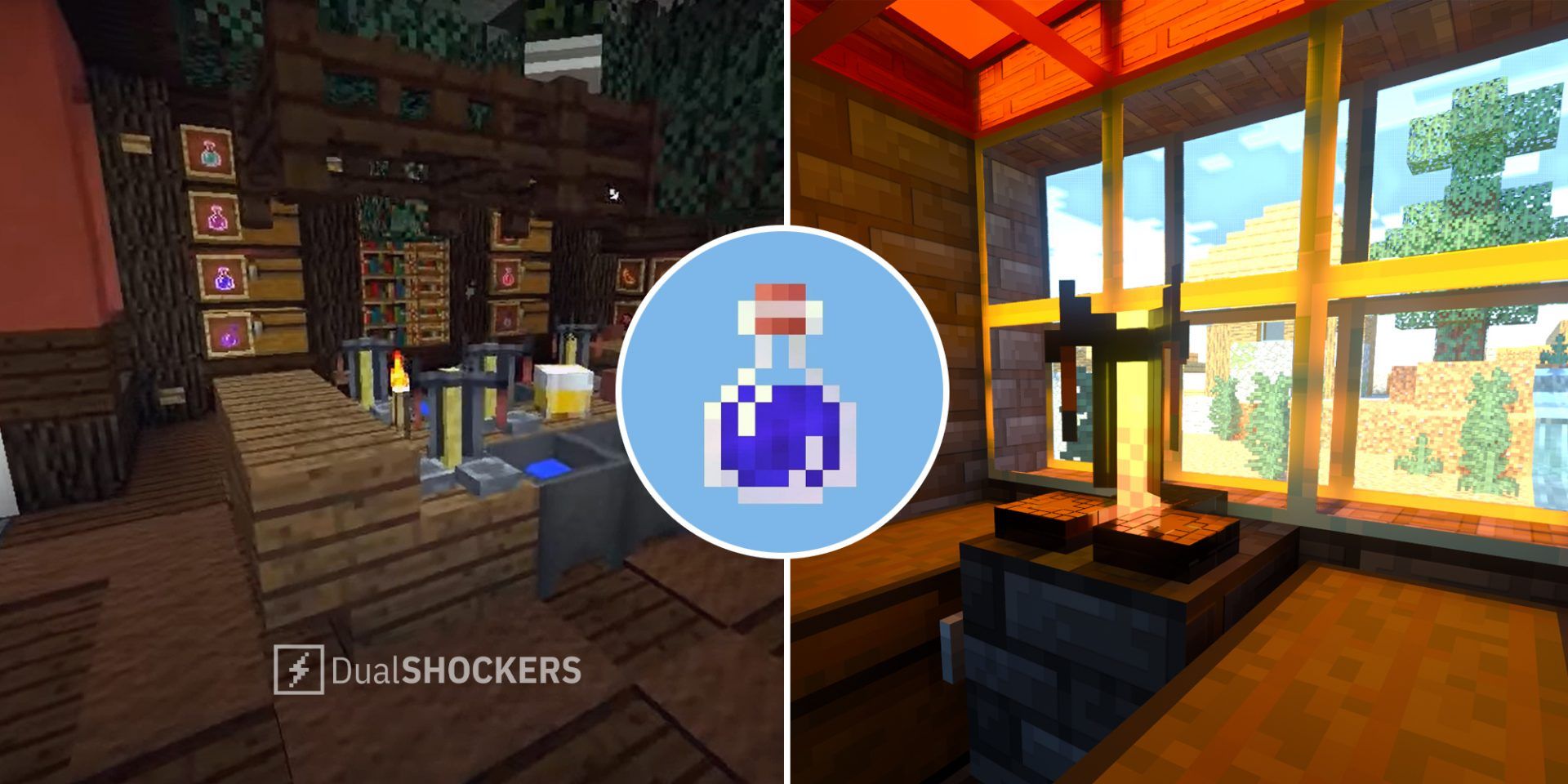 Minecraft brewing room on left, Potion of Weakness in middle, brewing station on right