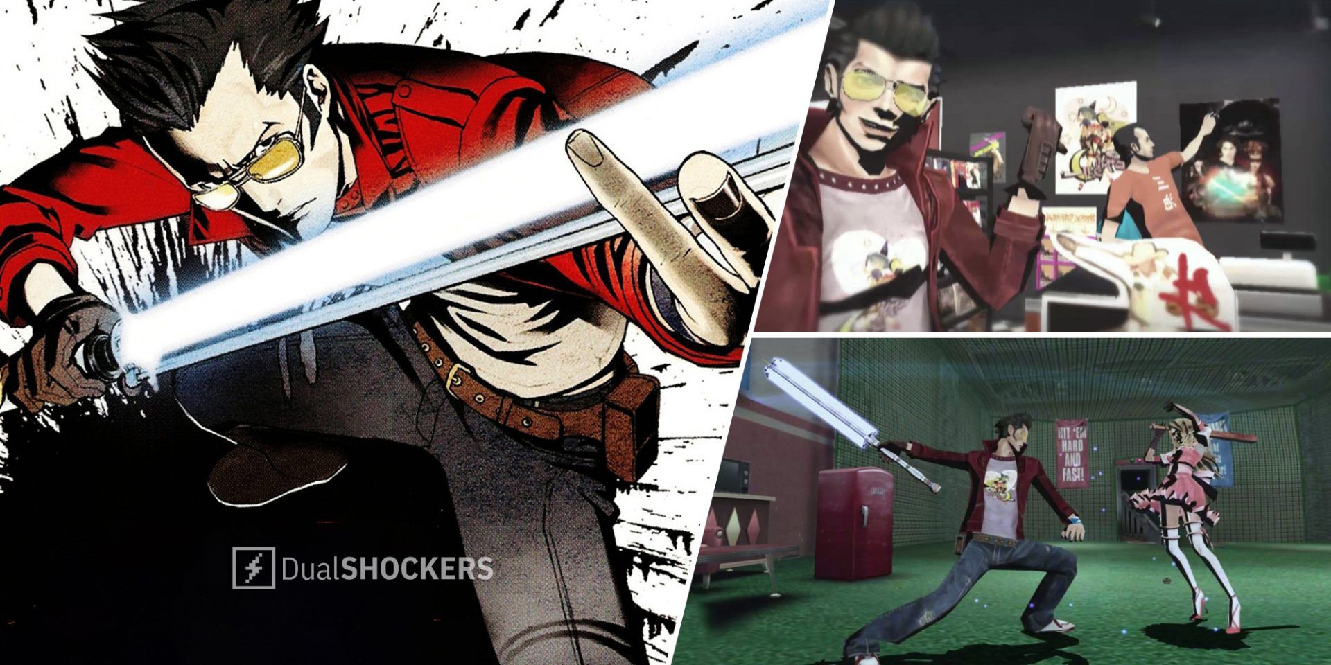 No More Heroes cover art on left, No More Heroes Travis Touchdown on top right, Travis Touchdown fighting on bottom right
