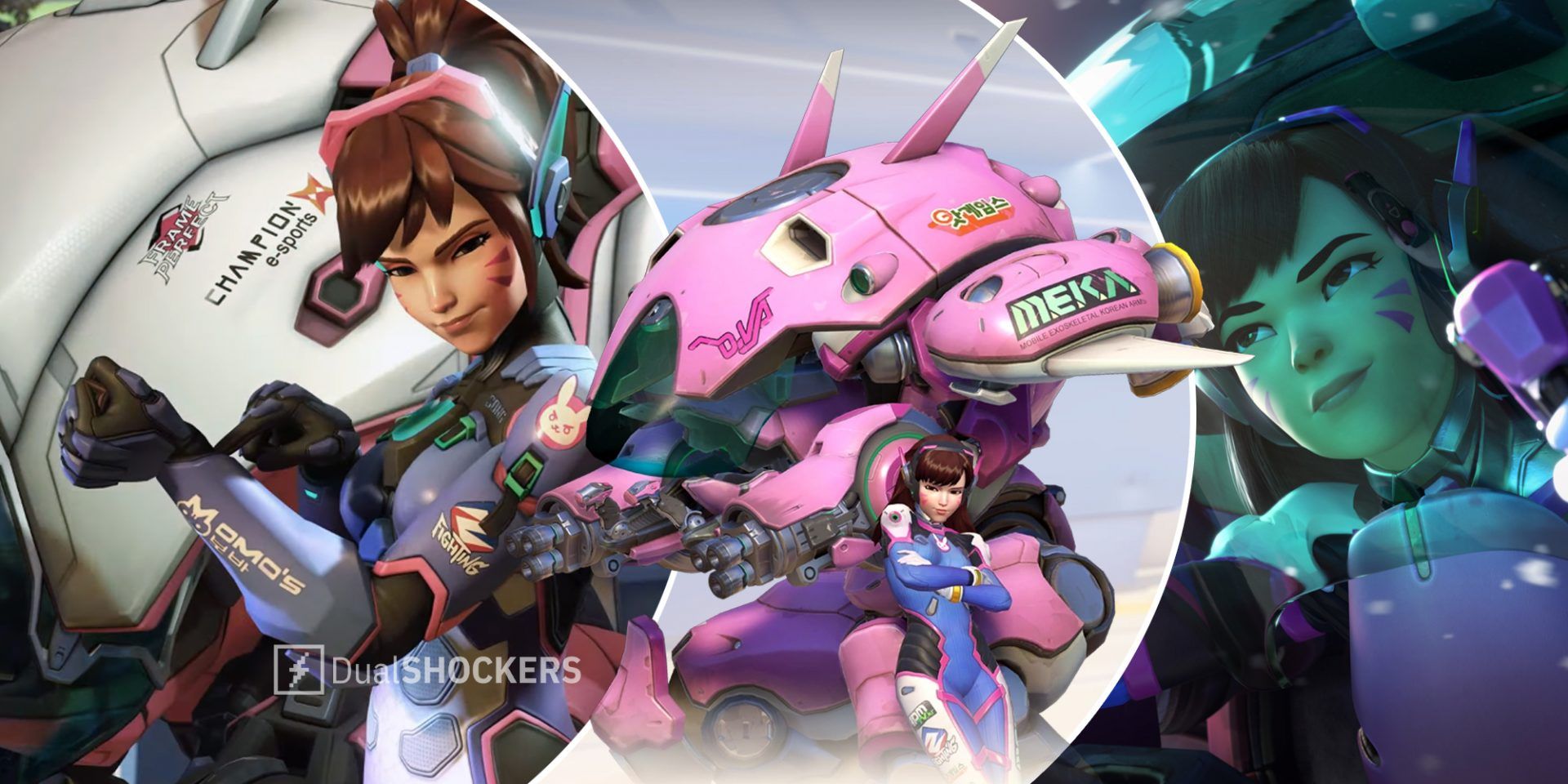 Overwatch 2 D.va on left, Overwatch D.va with Meka in middle, D.va close up on right
