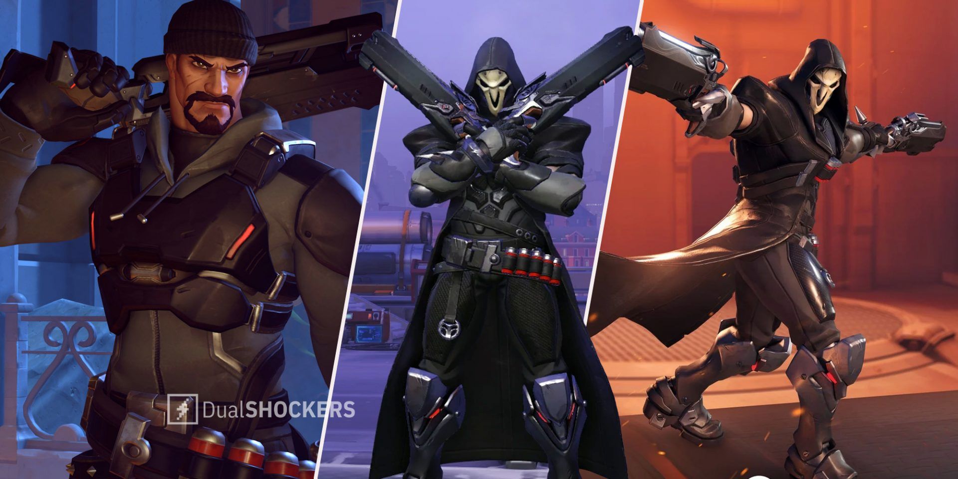 Overwatch Reaper Reyes on left, Reaper with double guns in middle, Reaper using his Death Blossom ultimate