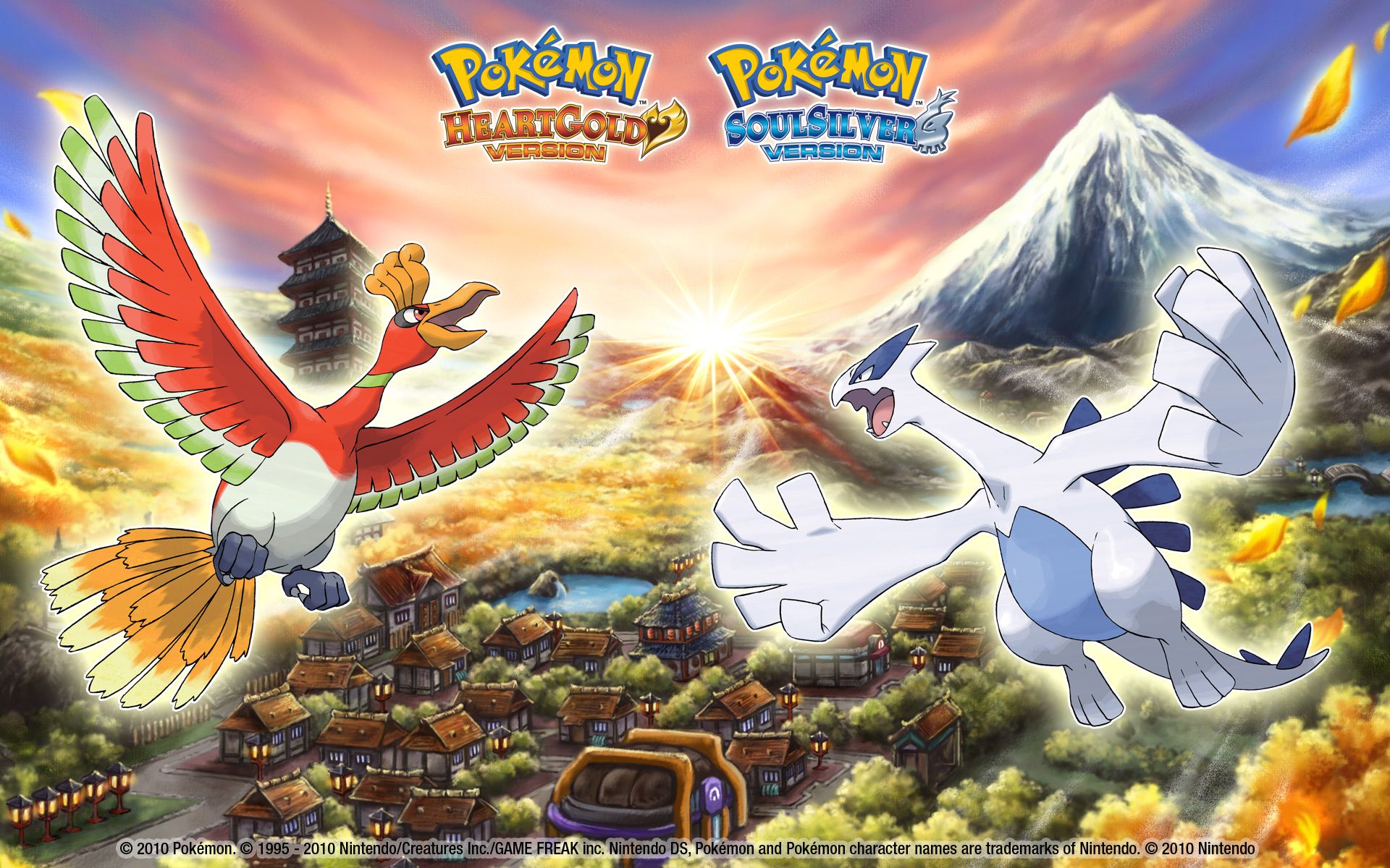pokemon heartgold and soulsilver lugia and ho-oh in front of johto landscape