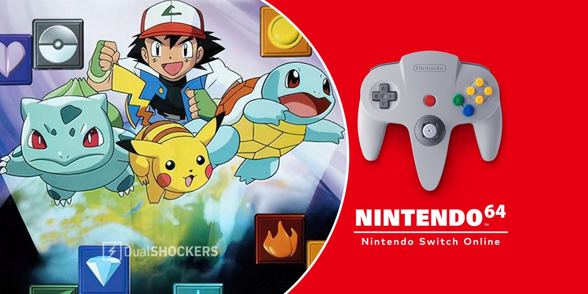 Pokemon Puzzle League promo image with Ash, Bulbasaur, Pikachu, and Squirtle on left, Nintendo Switch Online Nintendo 64 controller on right