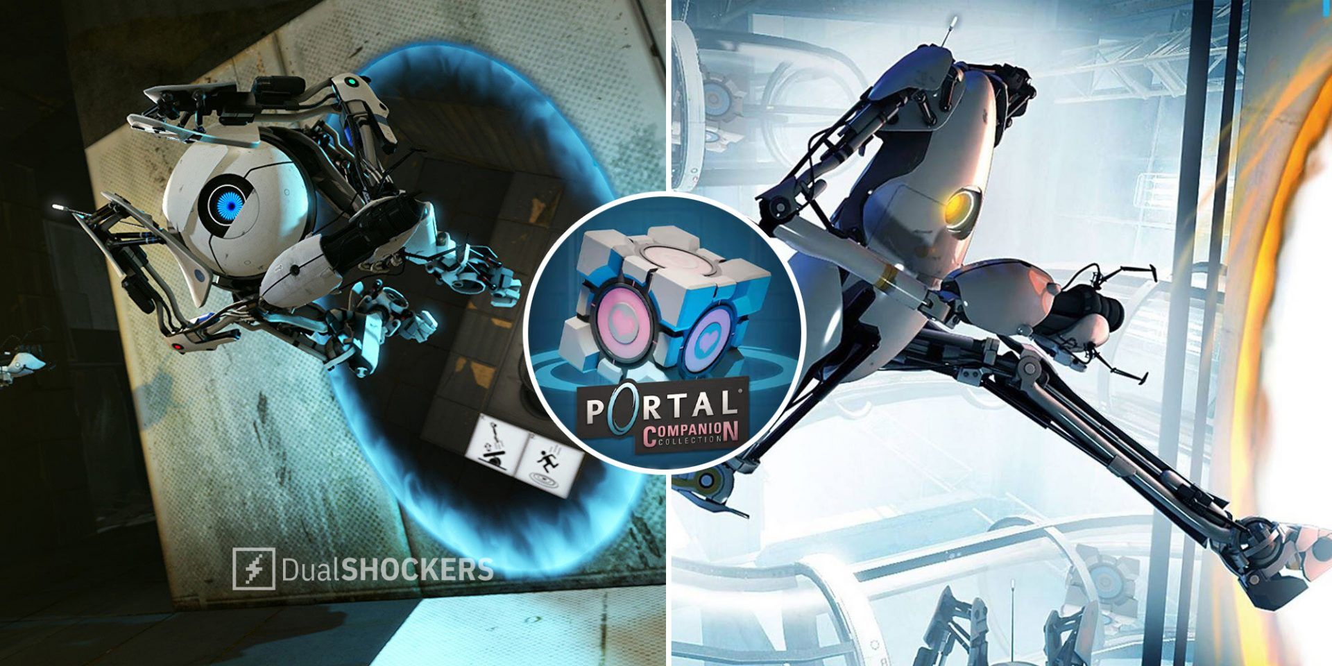 Portal Companion Collection ATLAS and P-body on left and right along with a companion cube in middle