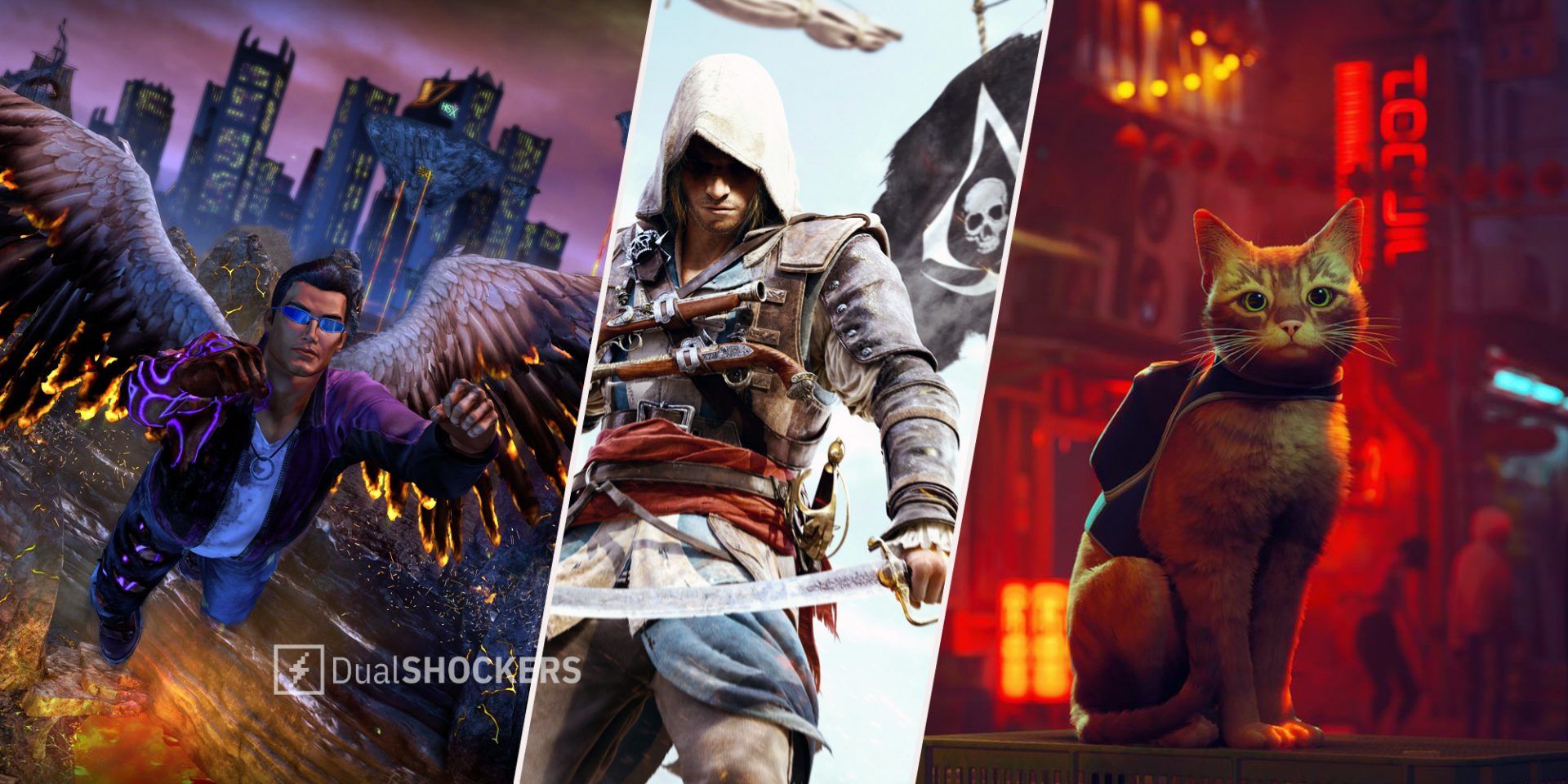 Saints Row IV Re-Elected on left, Assassin's Creed 4 Black Flag in middle, Stray on right
