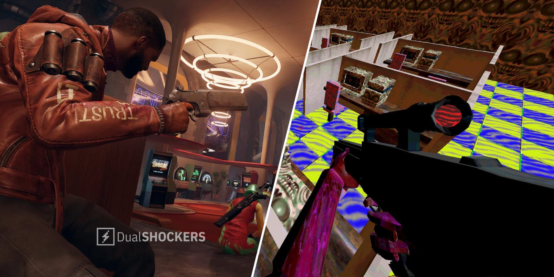 Deathloop Colt Vahn with gun in the arcade on left, Cruelty Sqaud first person view on right
